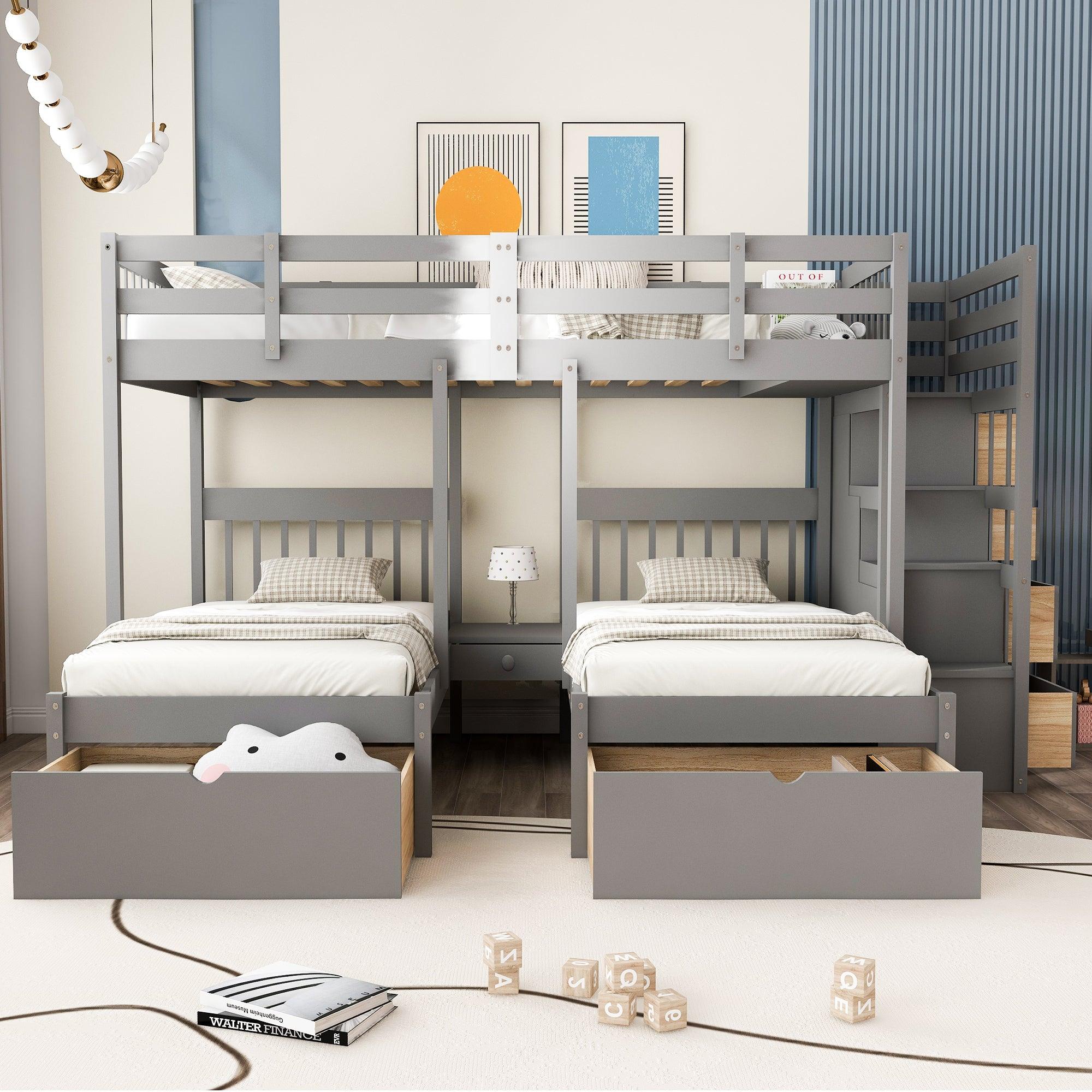 Full over Twin and Twin Bunk Bed with Drawers and Guardrail - Gray