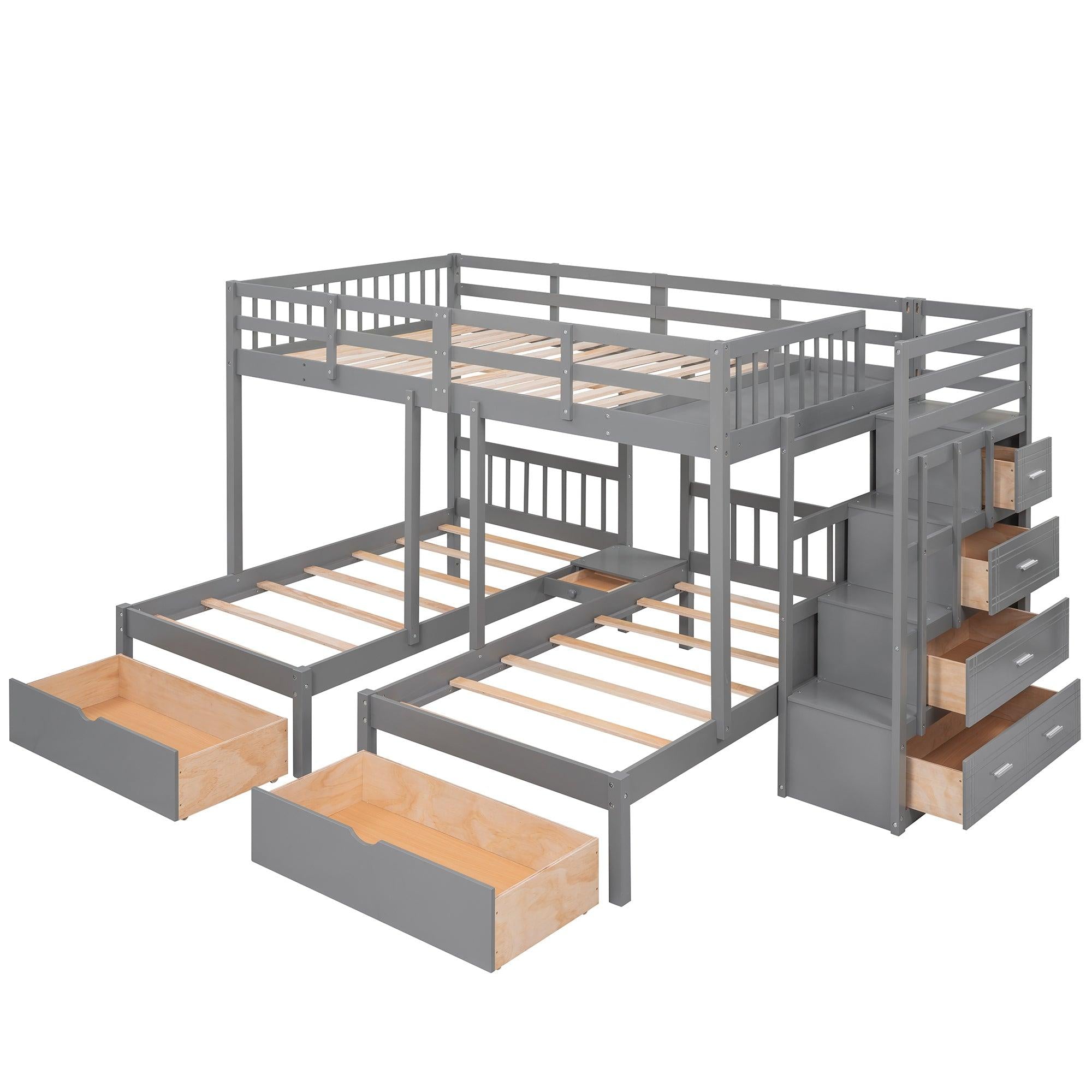 Full over Twin and Twin Bunk Bed with Drawers and Guardrail - Gray