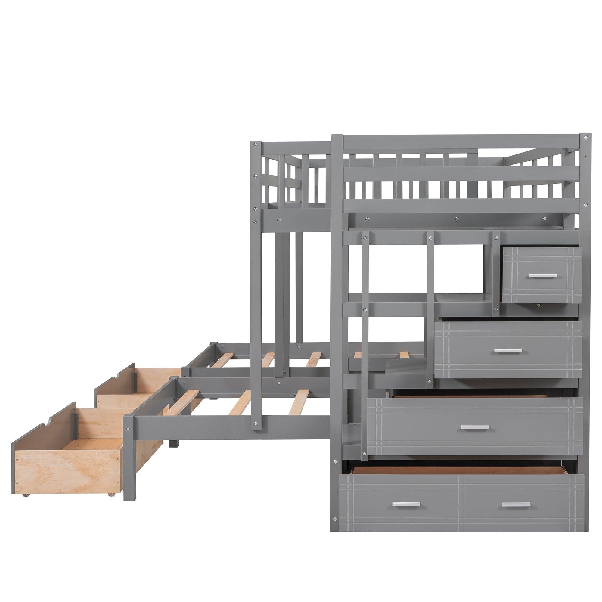 Full over Twin and Twin Bunk Bed with Drawers and Guardrail - Gray