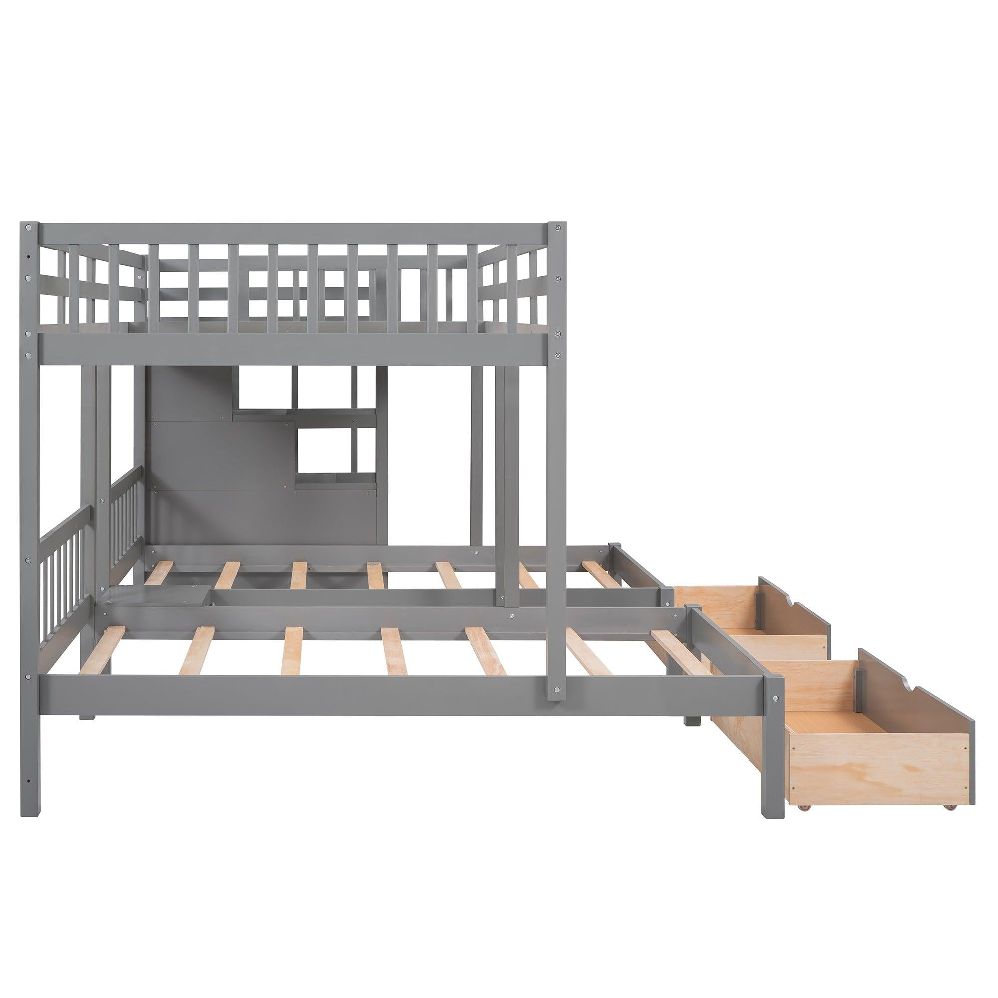 Full over Twin and Twin Bunk Bed with Drawers and Guardrail - Gray