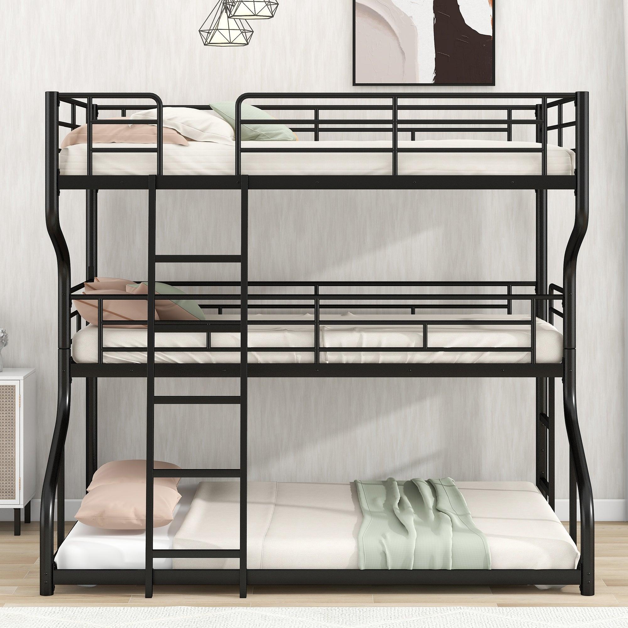 Full XL over Twin XL over Queen Triple Bunk Bed with Long and Short Ladder - In Black