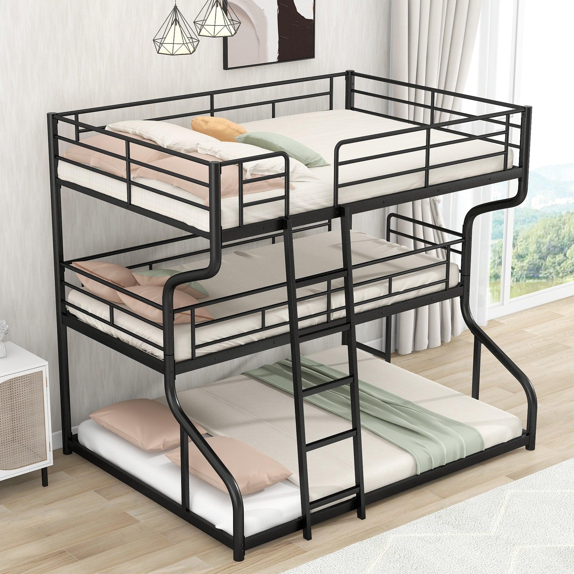 Full XL over Twin XL over Queen Triple Bunk Bed with Long and Short Ladder - In Black