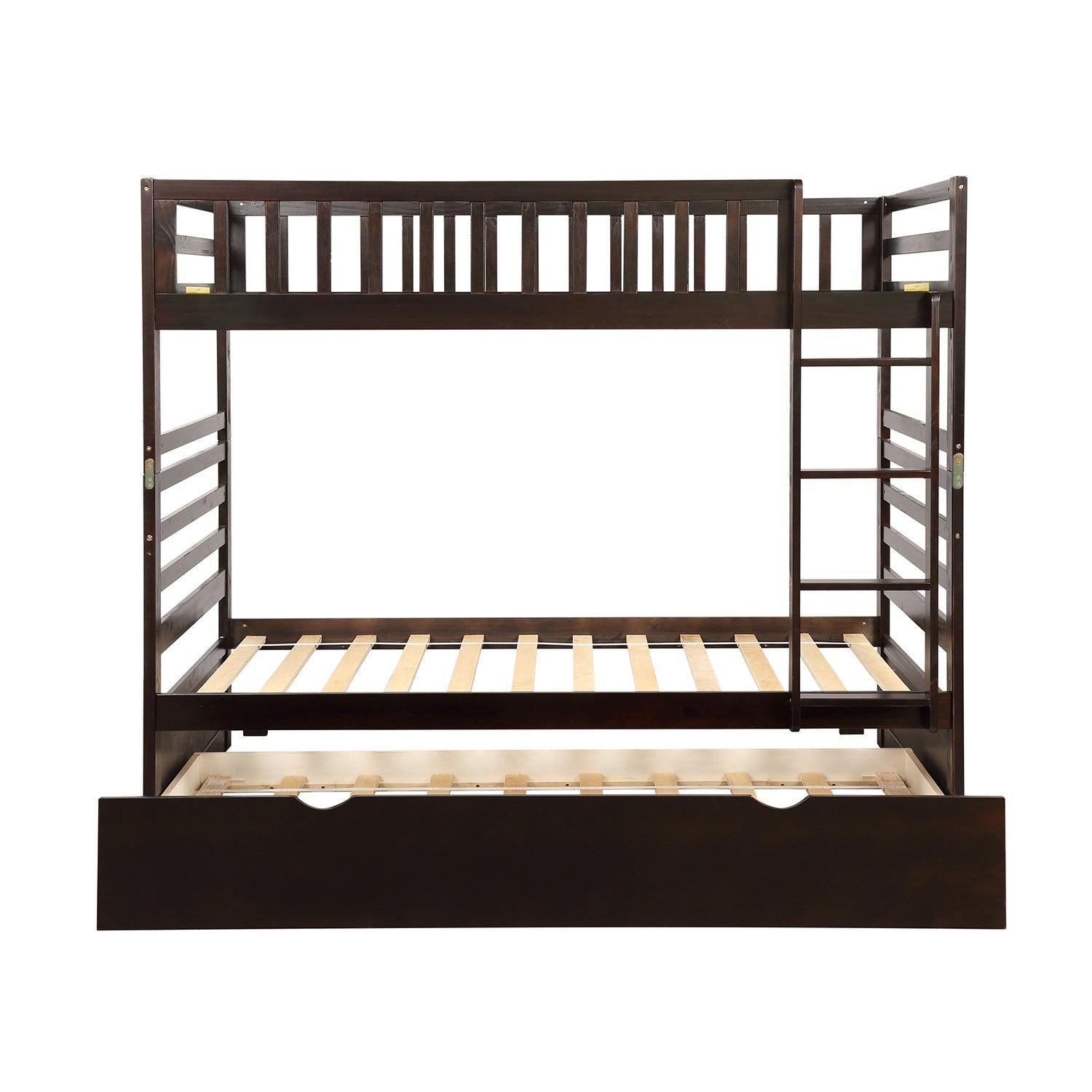 Twin over Twin Bunk Bed for Kids with Safety Rail and Twin Size Trundle Bed - Dark Brown