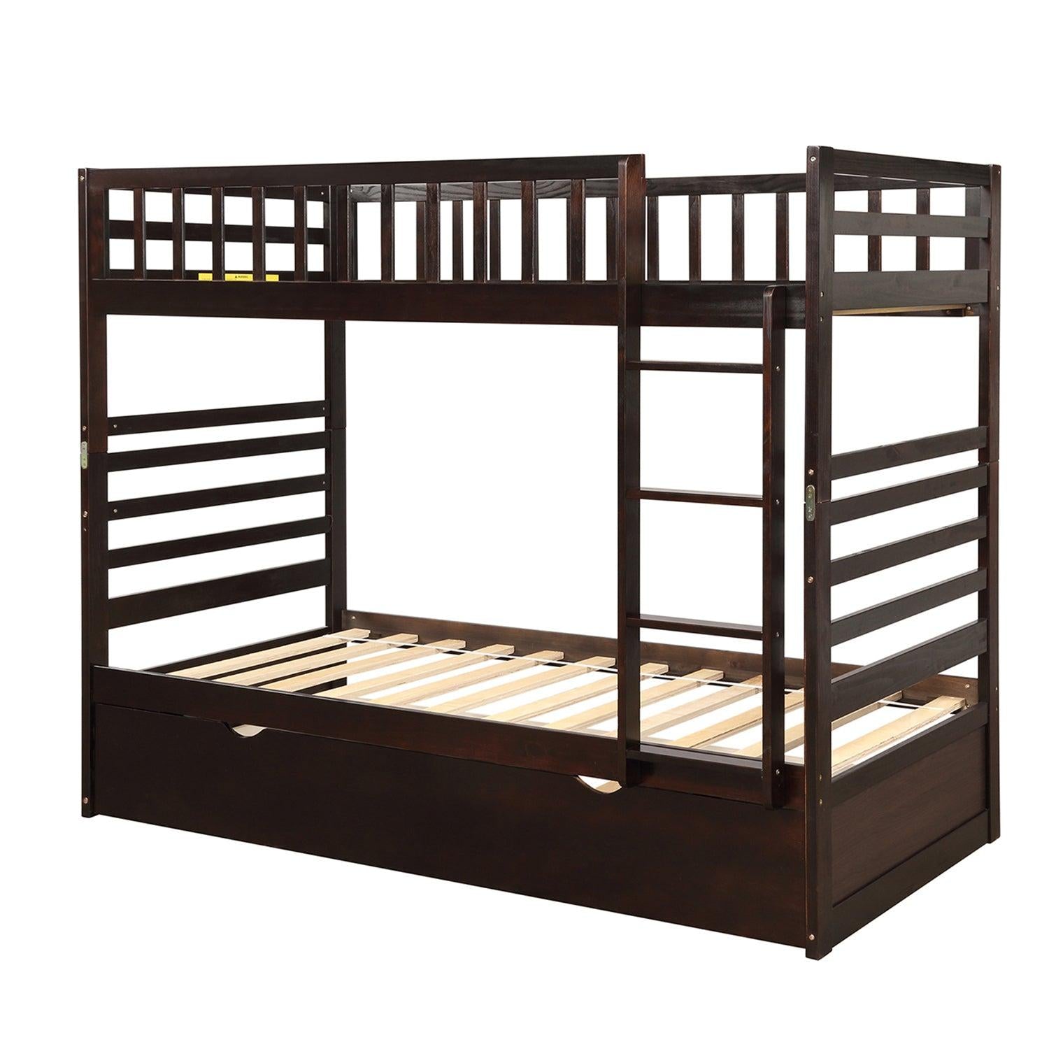 Twin over Twin Bunk Bed for Kids with Safety Rail and Twin Size Trundle Bed - Dark Brown