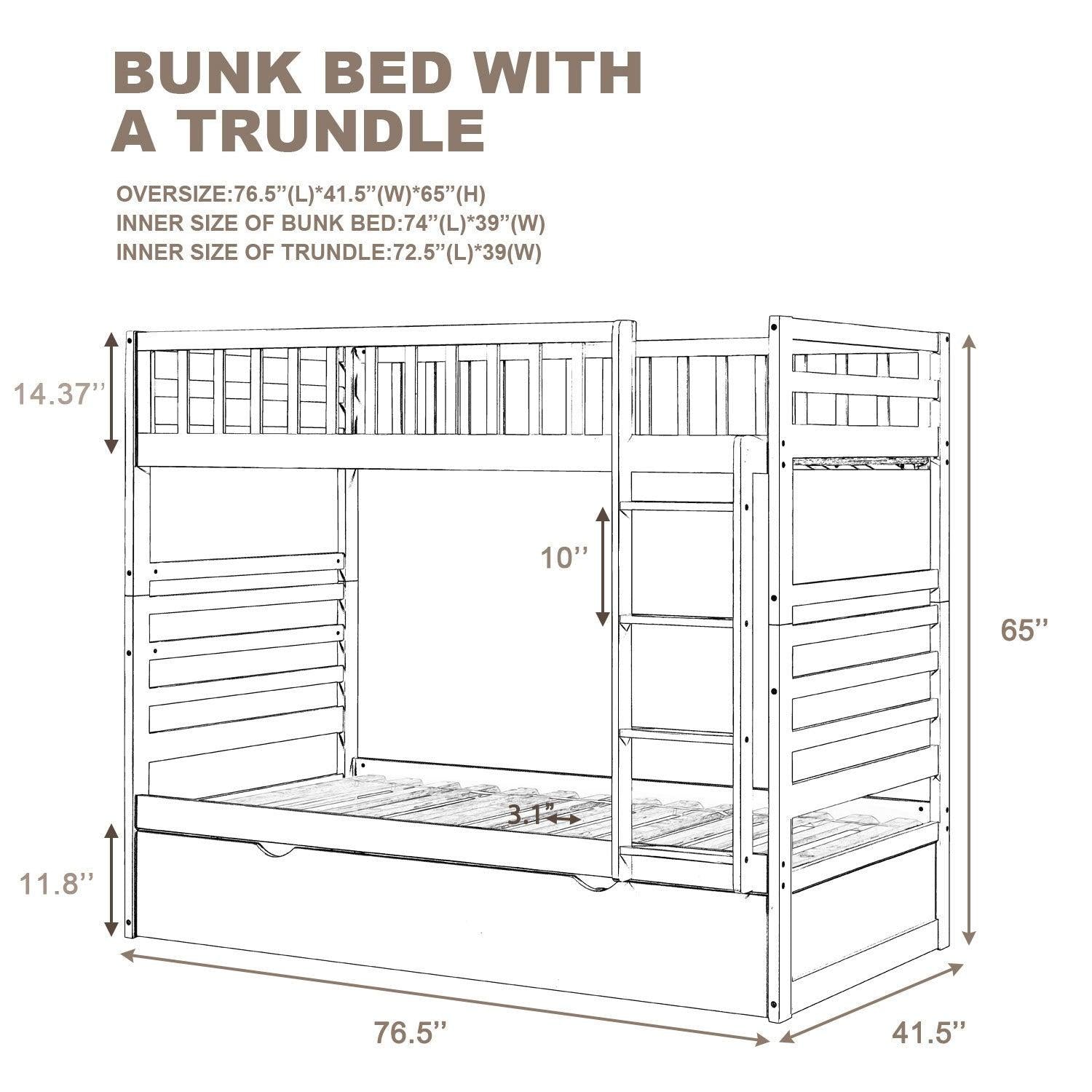 Twin over Twin Bunk Bed for Kids with Safety Rail and Twin Size Trundle Bed - Dark Brown