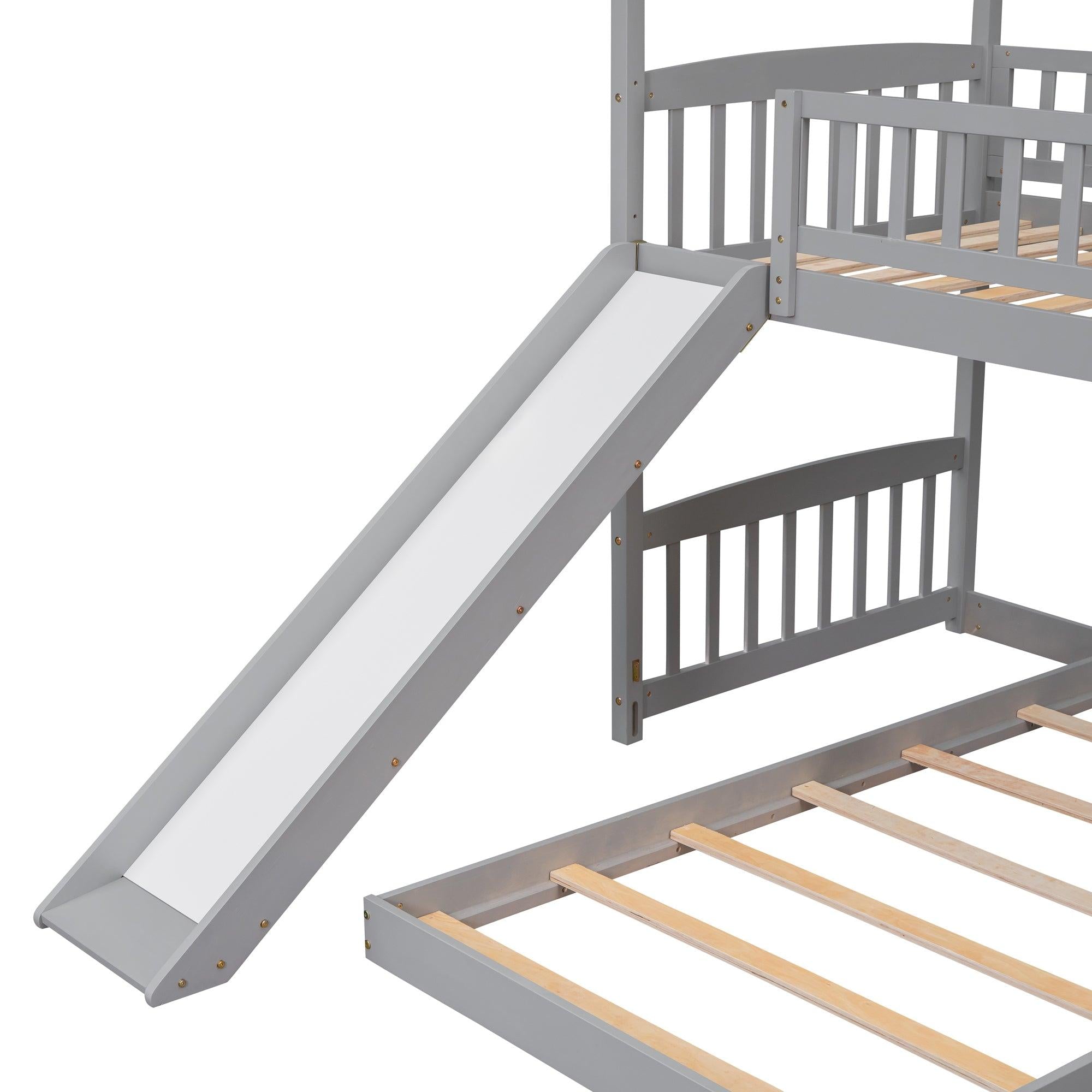 Twin over Twin House Shaped Bunk Bed with Slide - Gray