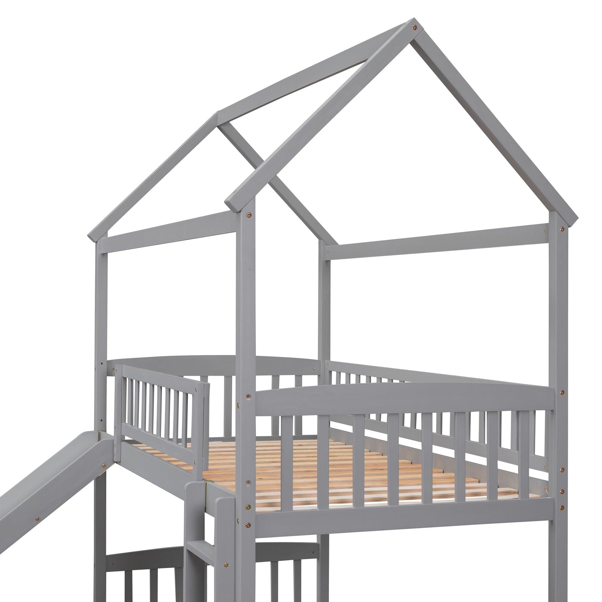 Twin over Twin House Shaped Bunk Bed with Slide - Gray