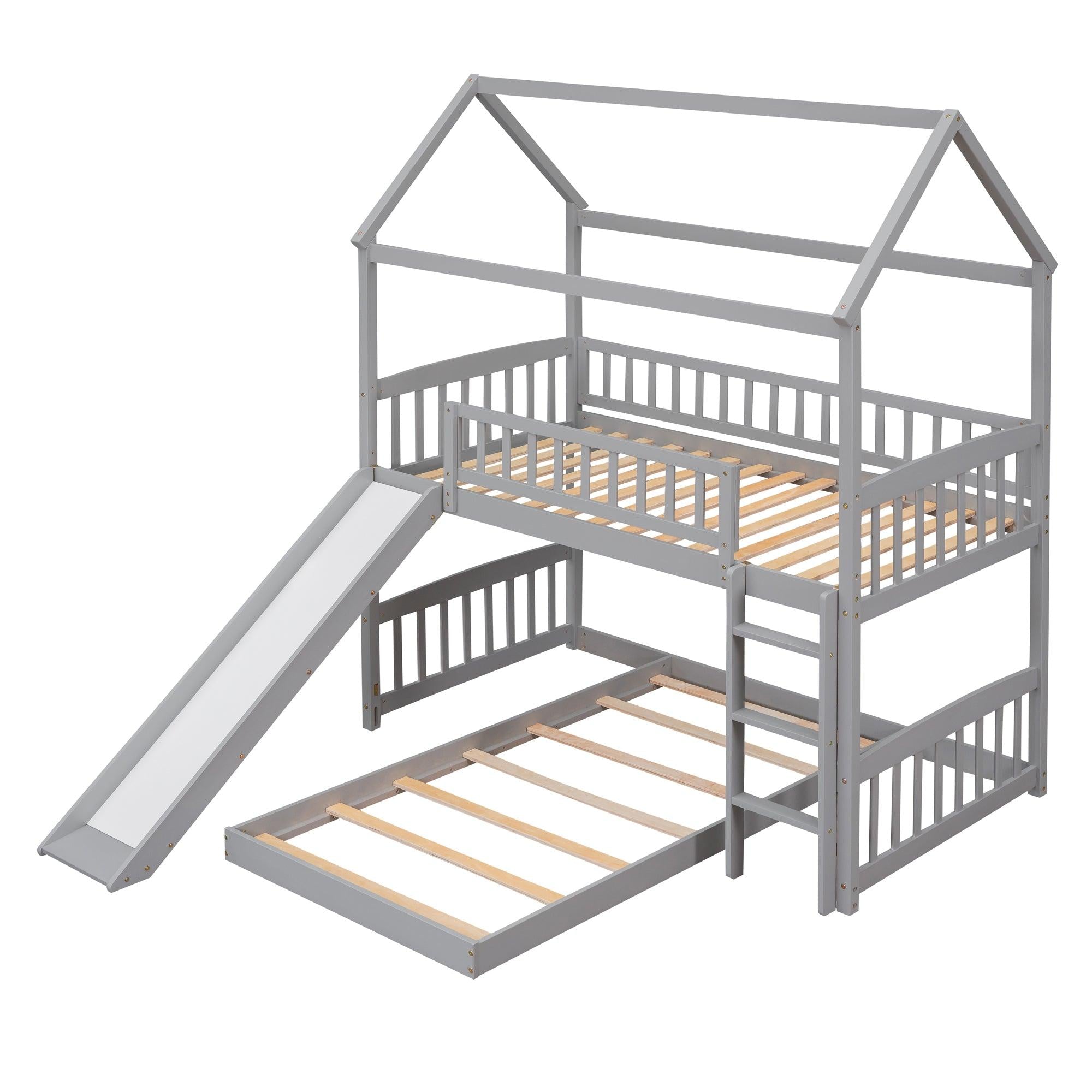 Twin over Twin House Shaped Bunk Bed with Slide - Gray