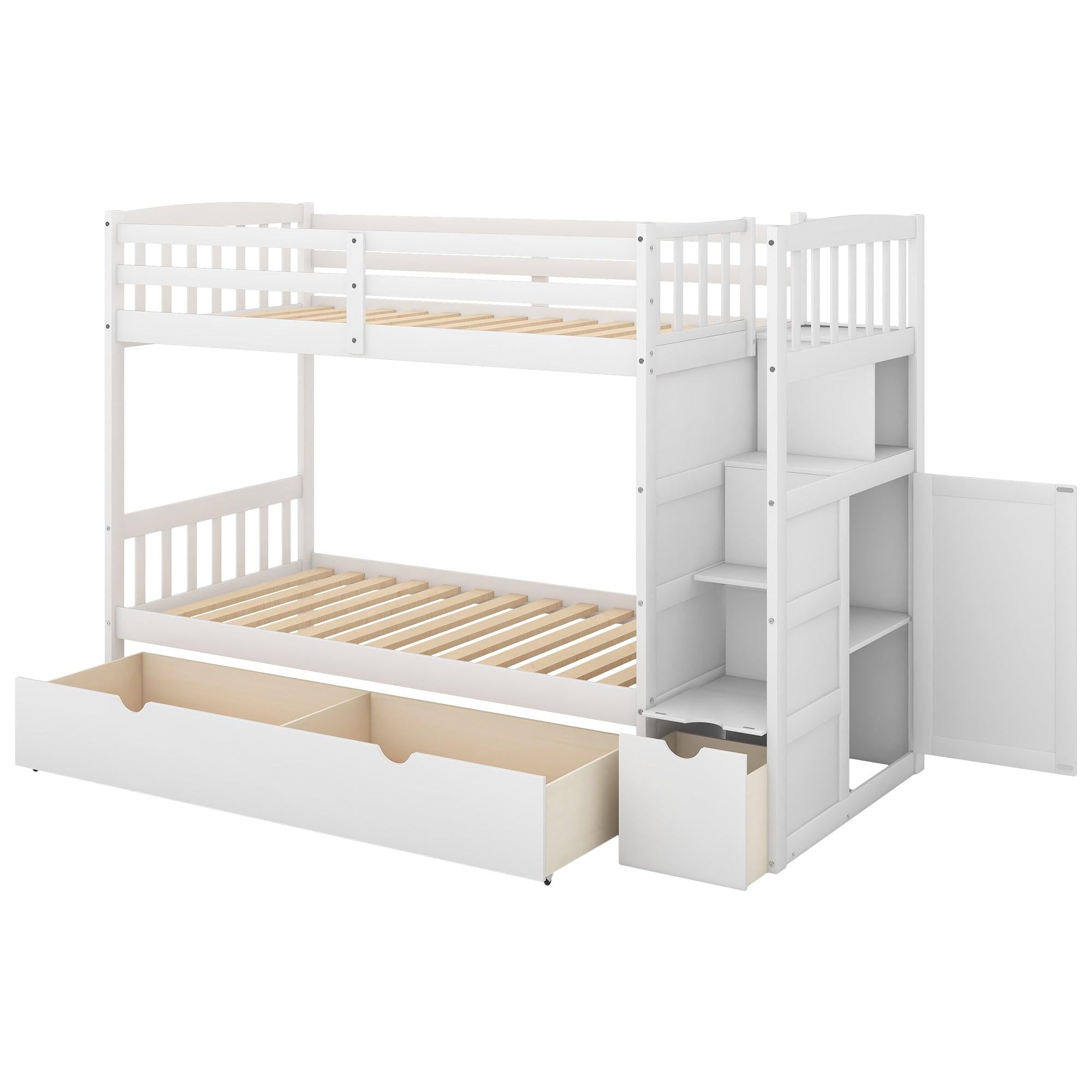 Twin over Twin or Twin over Full Convertible Bunk Bed withStorage Shelves and Drawers - White