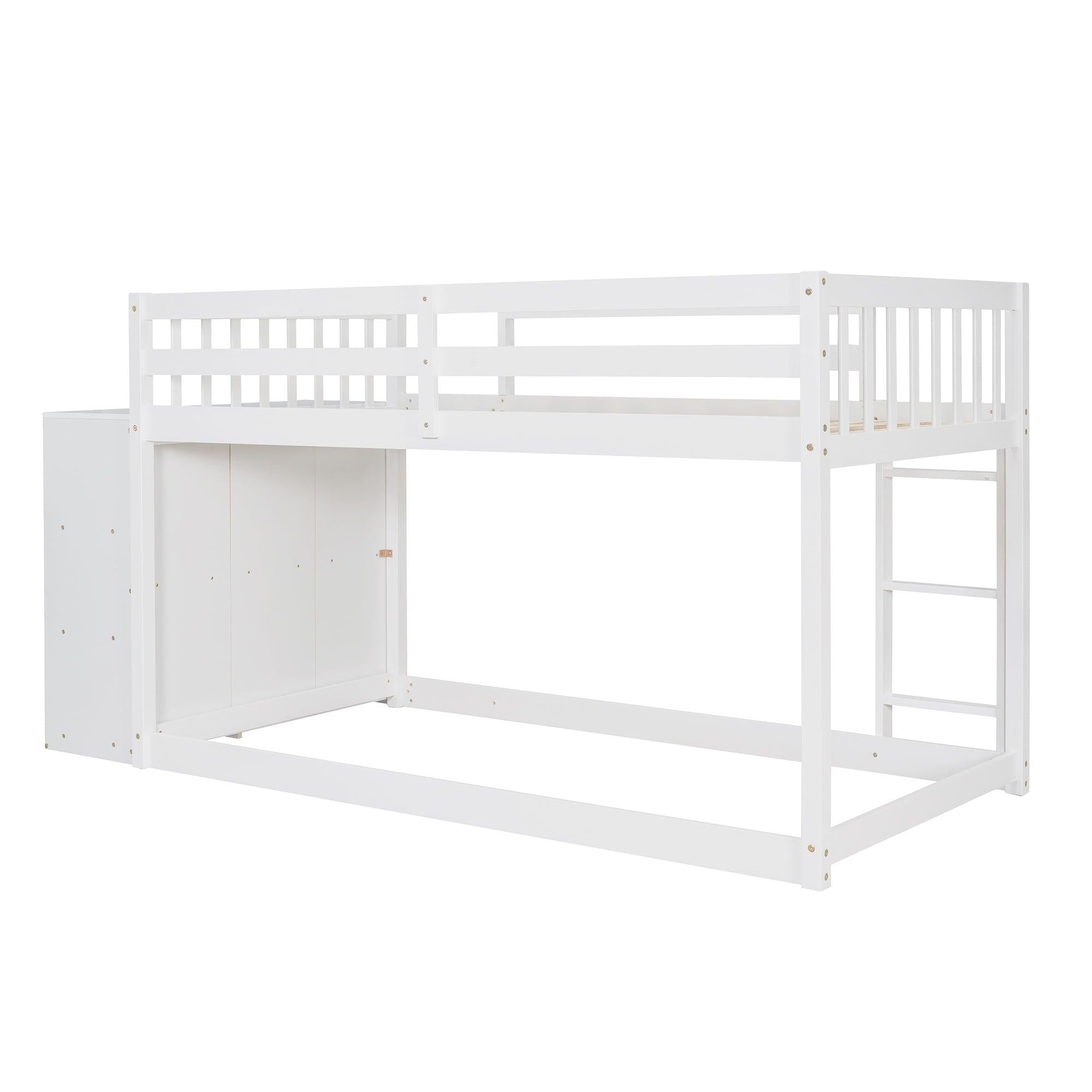 Twin over Twin Bunk Bed with 4 Drawers and 3 Shelves - White