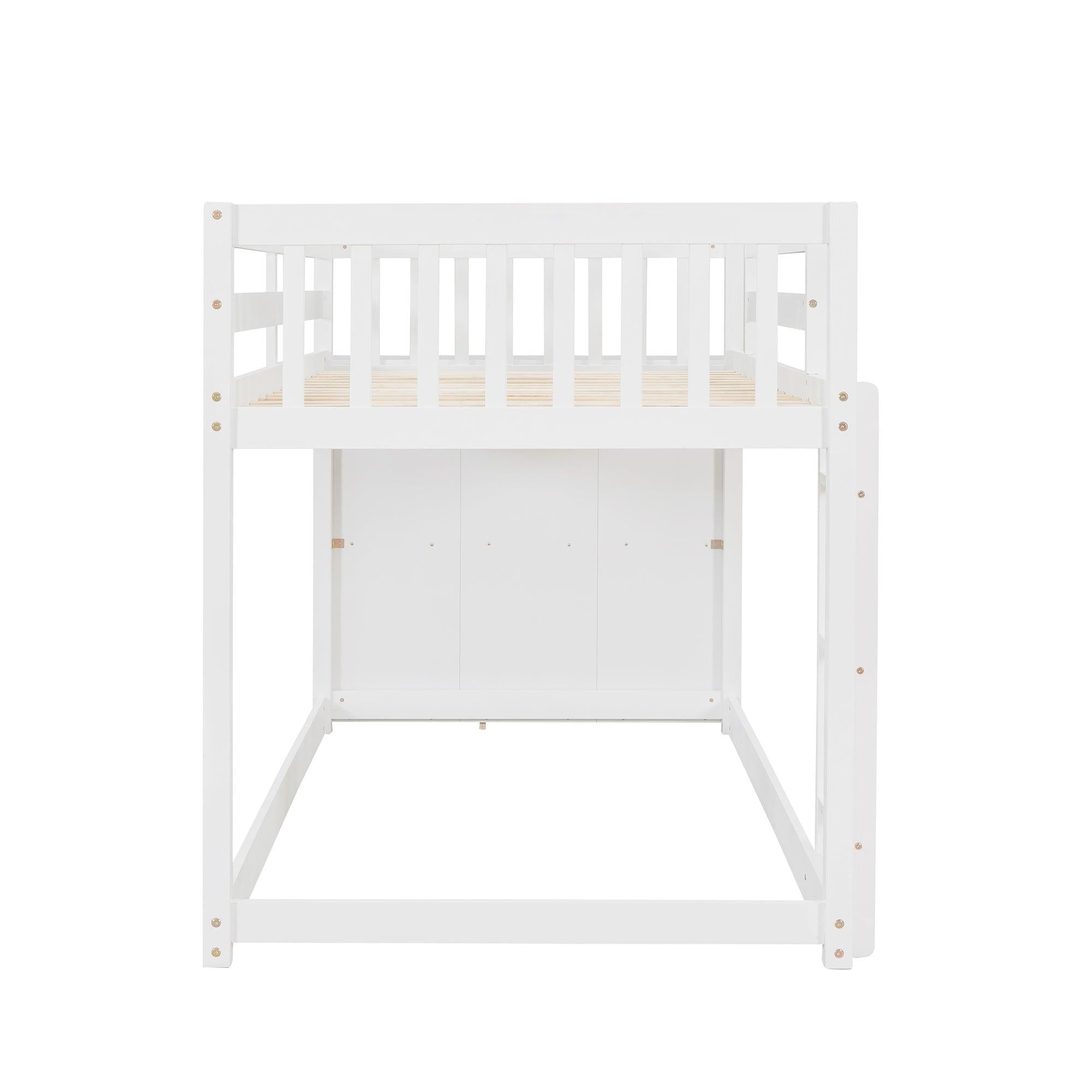 Twin over Twin Bunk Bed with 4 Drawers and 3 Shelves - White