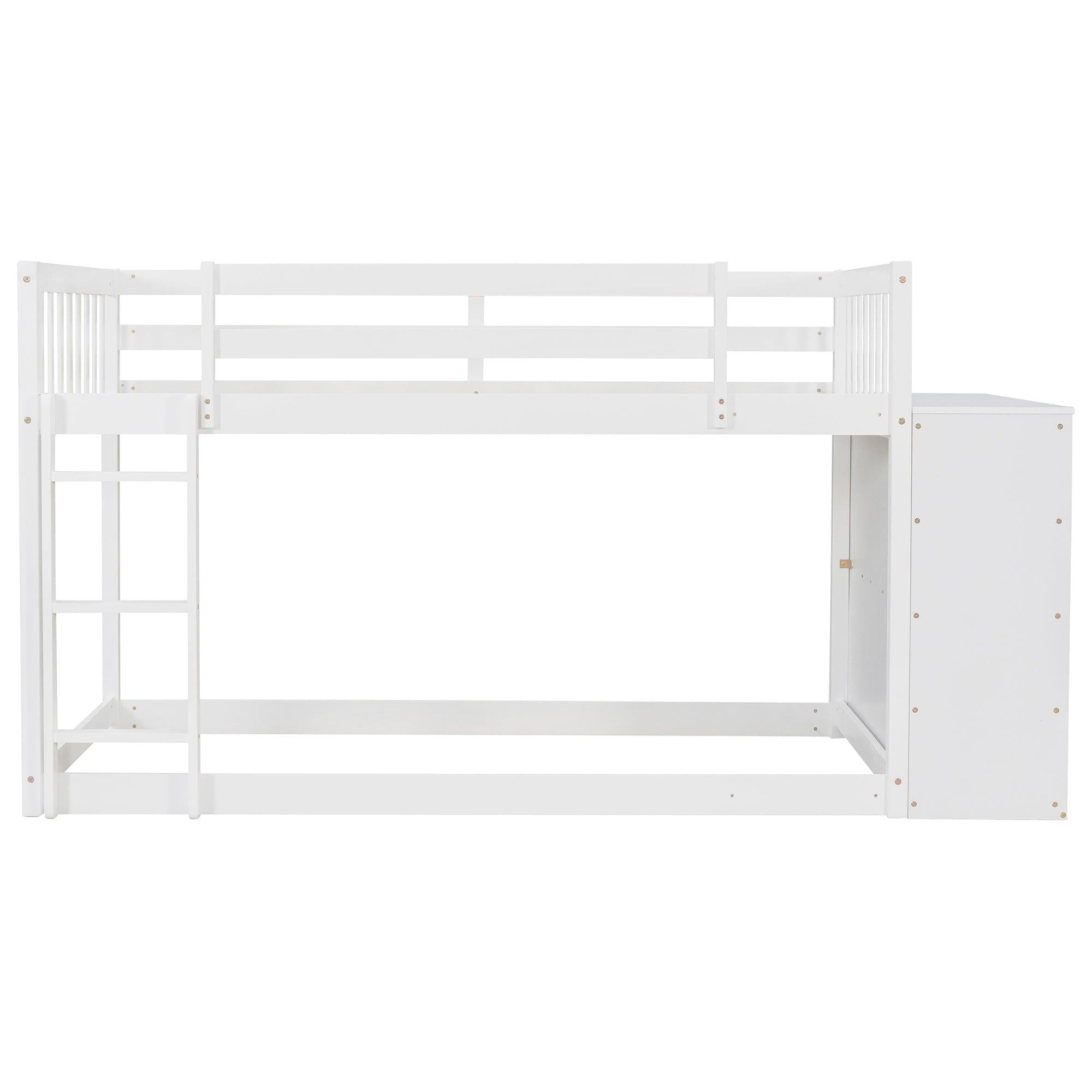 Twin over Twin Bunk Bed with 4 Drawers and 3 Shelves - White