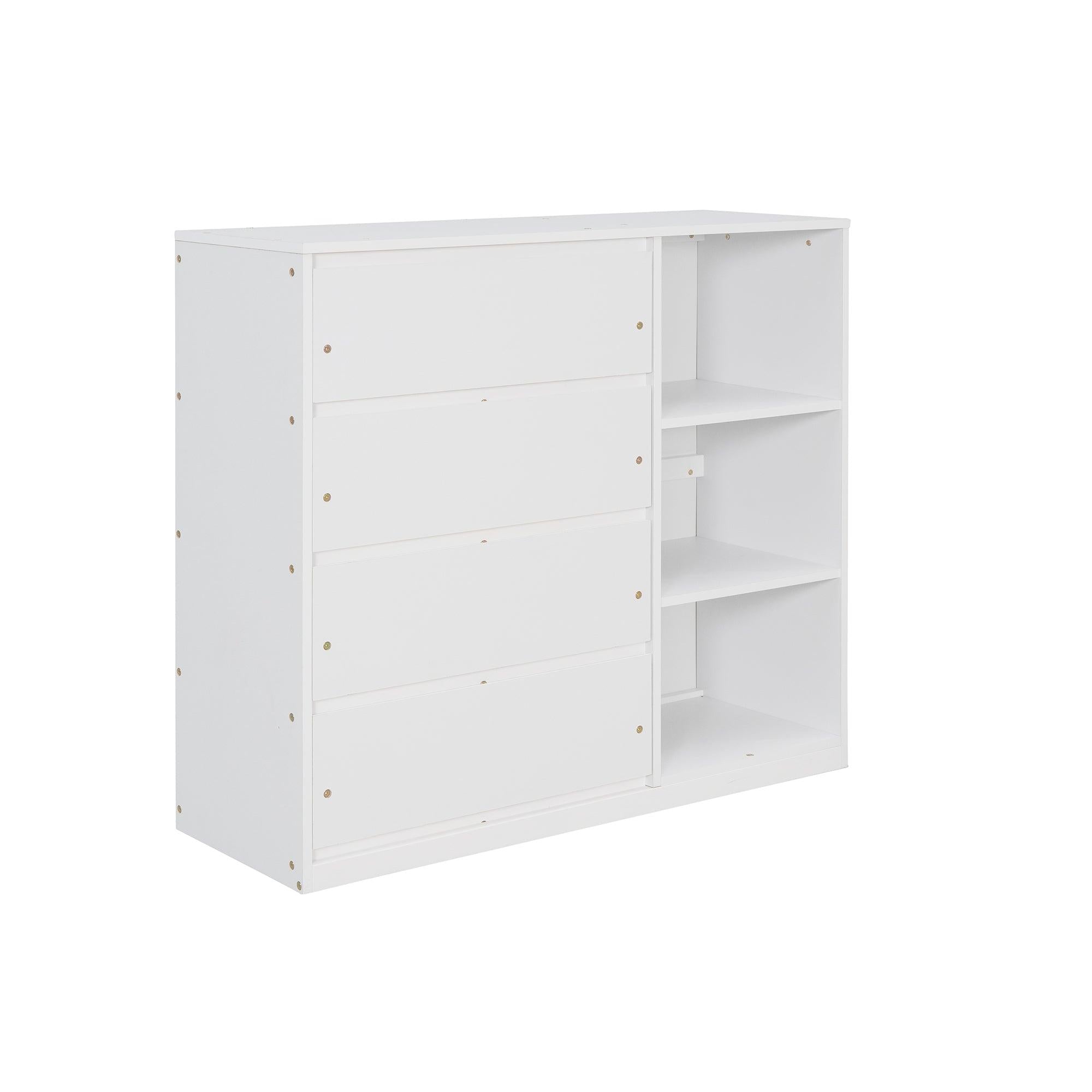 Twin over Twin Bunk Bed with 4 Drawers and 3 Shelves - White