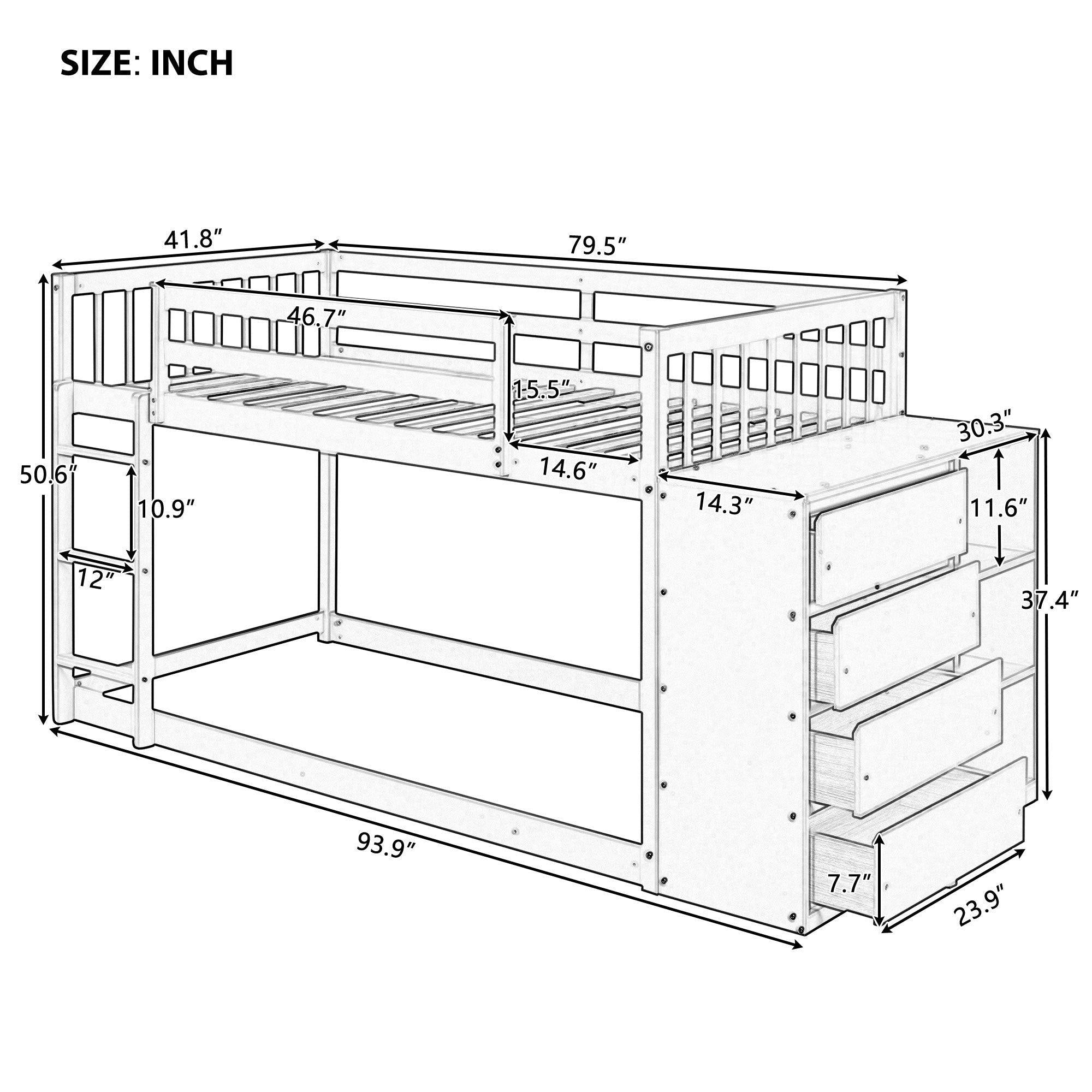 Twin over Twin Bunk Bed with 4 Drawers and 3 Shelves - White