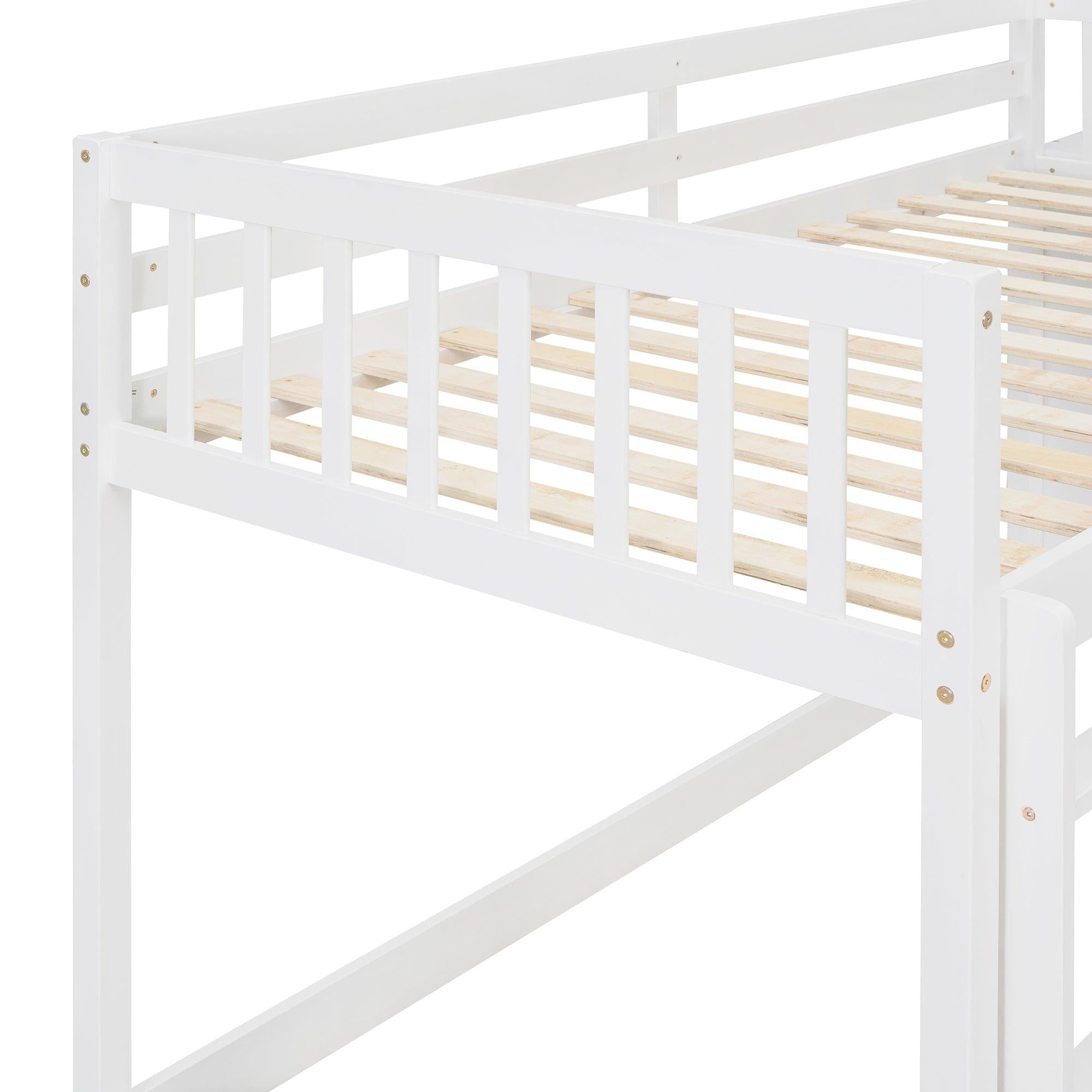 Twin over Twin Bunk Bed with 4 Drawers and 3 Shelves - White