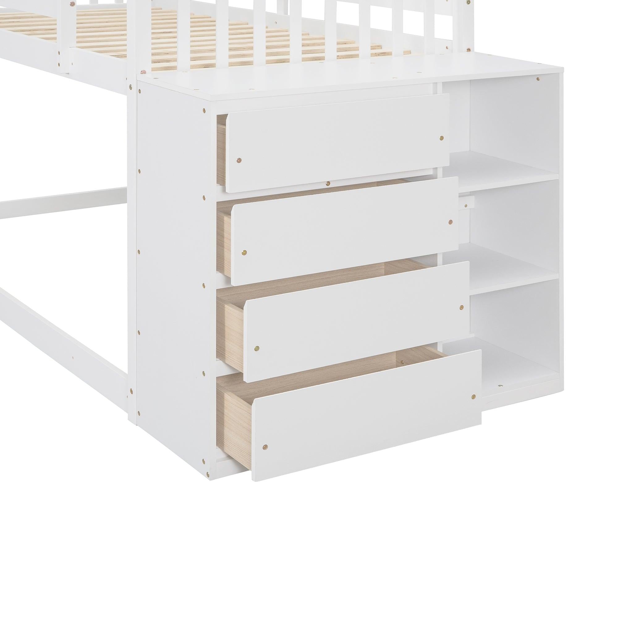 Twin over Twin Bunk Bed with 4 Drawers and 3 Shelves - White