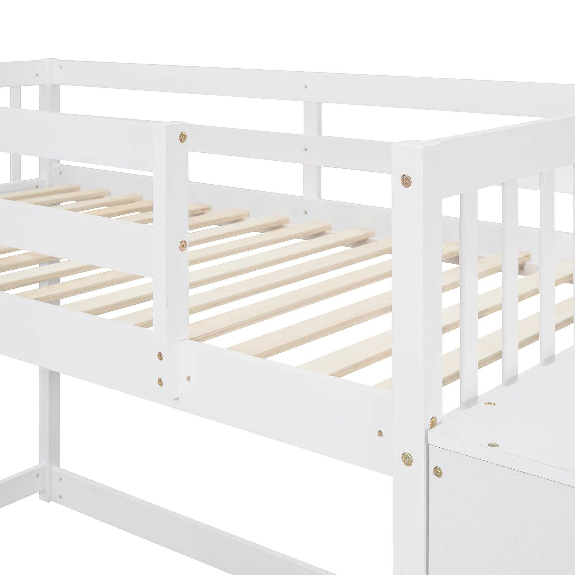 Twin over Twin Bunk Bed with 4 Drawers and 3 Shelves - White