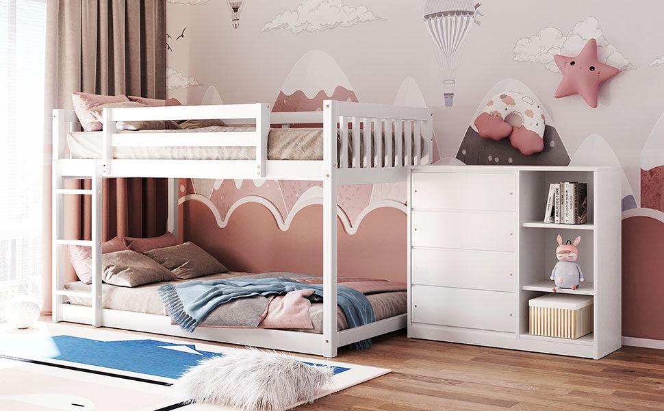 Twin over Twin Bunk Bed with 4 Drawers and 3 Shelves - White