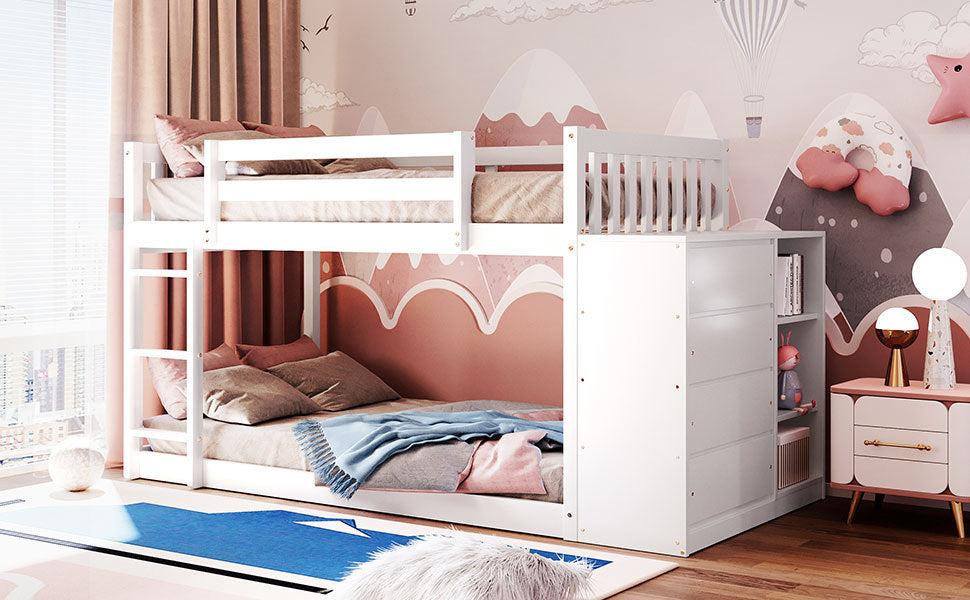 Twin over Twin Bunk Bed with 4 Drawers and 3 Shelves - White