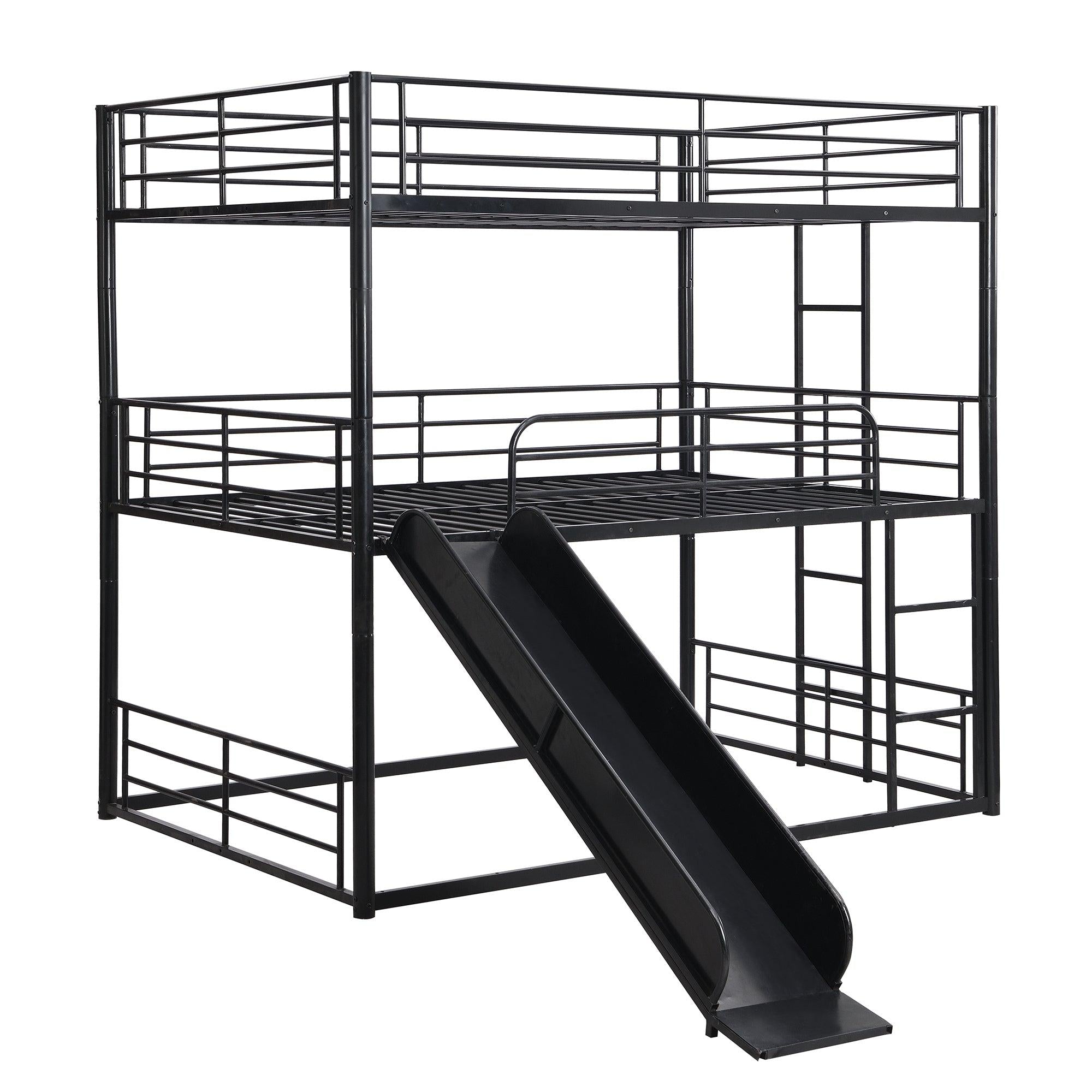 Full Size Convertible Metal Bunk Bed with Ladders and Slide - Black