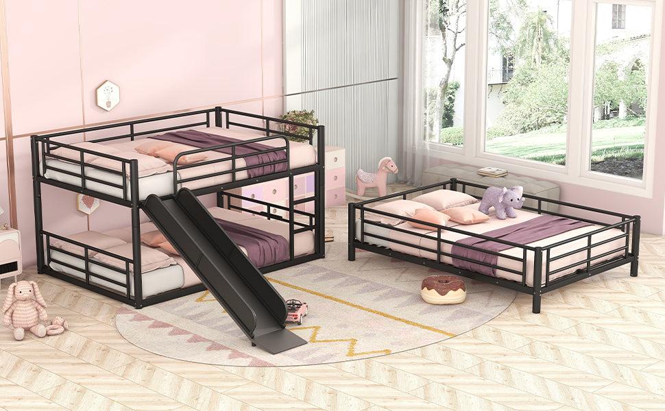 Full Size Convertible Metal Bunk Bed with Ladders and Slide - Black