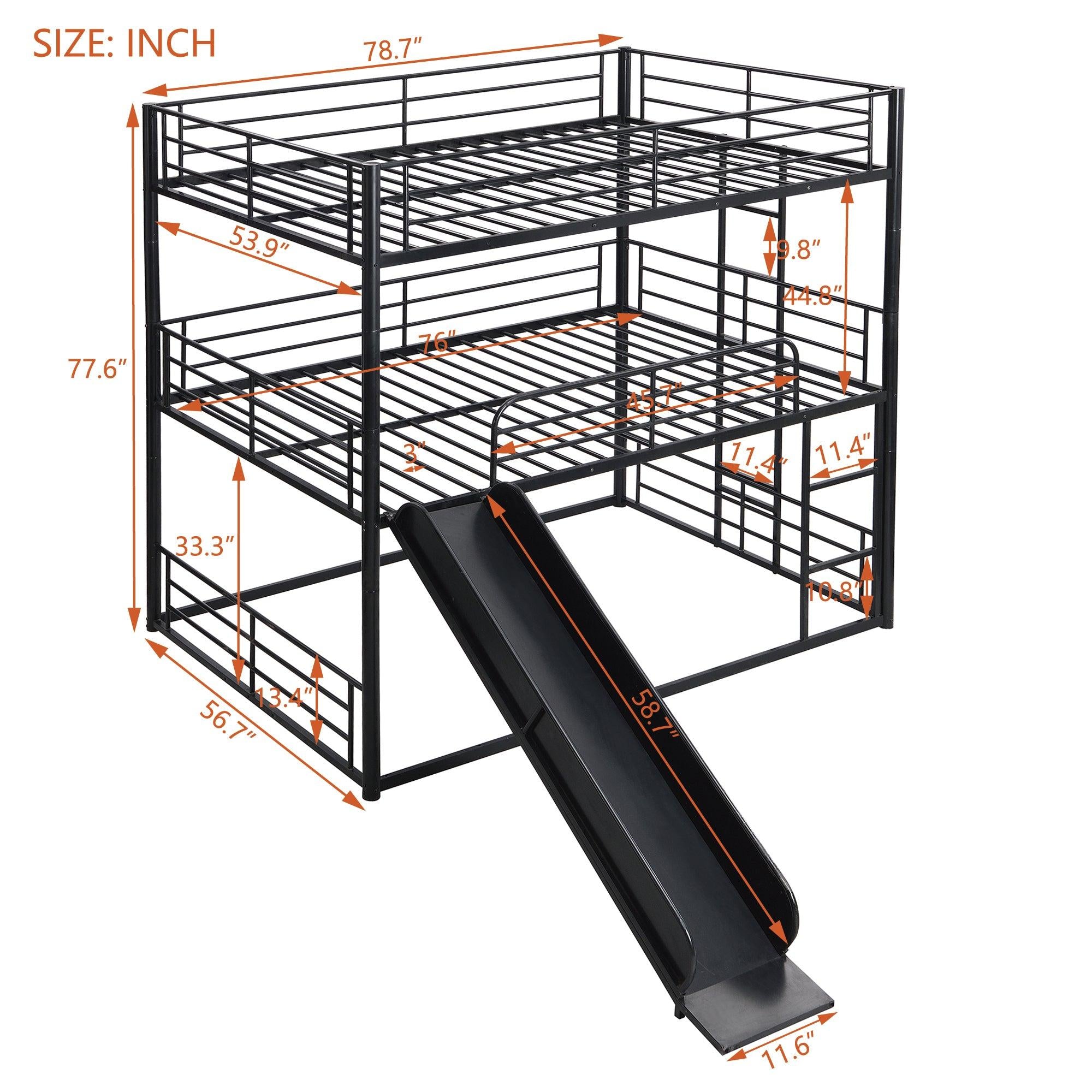 Full Size Convertible Metal Bunk Bed with Ladders and Slide - Black