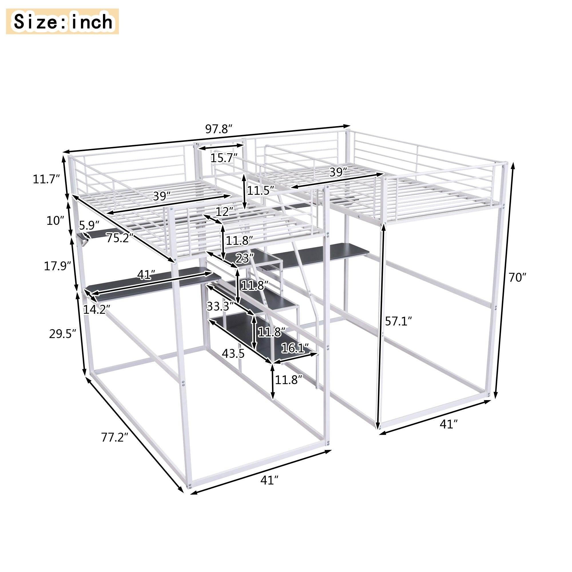 Double Twin over Twin Metal Bunk Bed with Desk Shelves andStorage Staircase - White