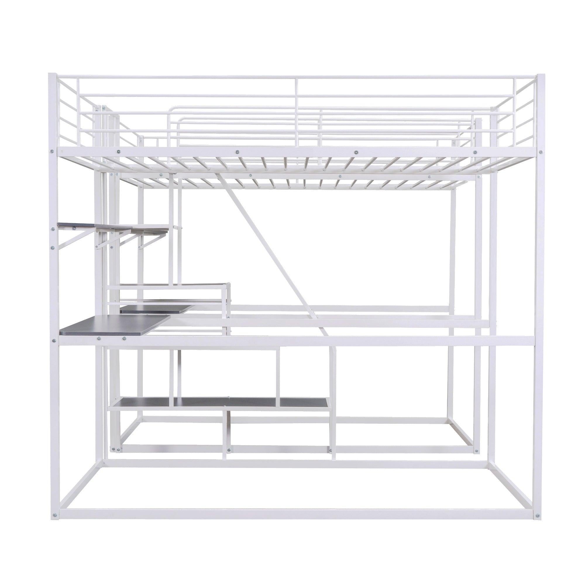 Double Twin over Twin Metal Bunk Bed with Desk Shelves andStorage Staircase - White