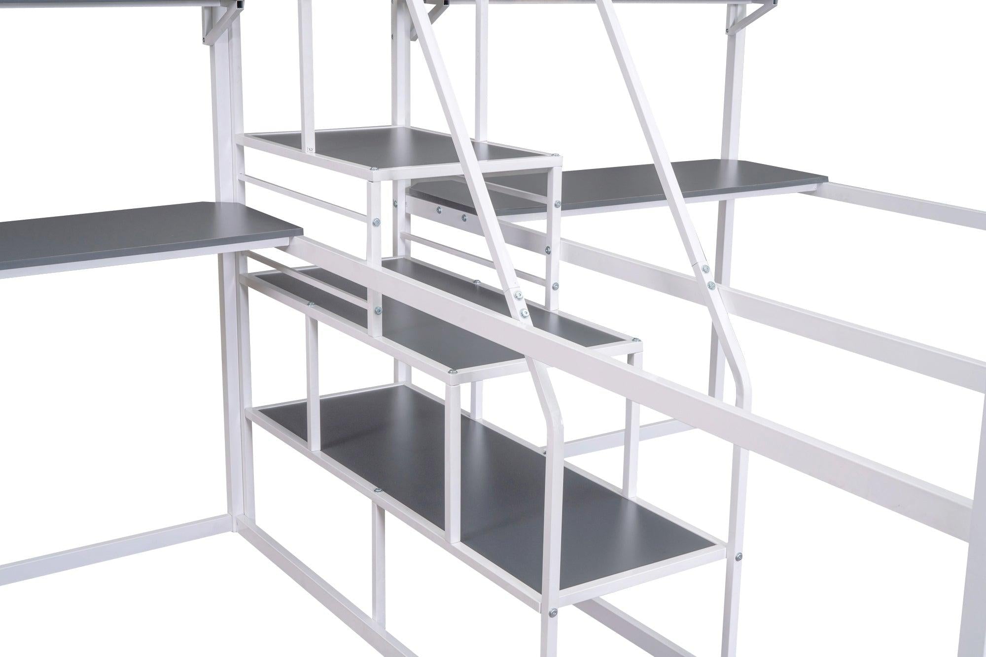 Double Twin over Twin Metal Bunk Bed with Desk Shelves andStorage Staircase - White