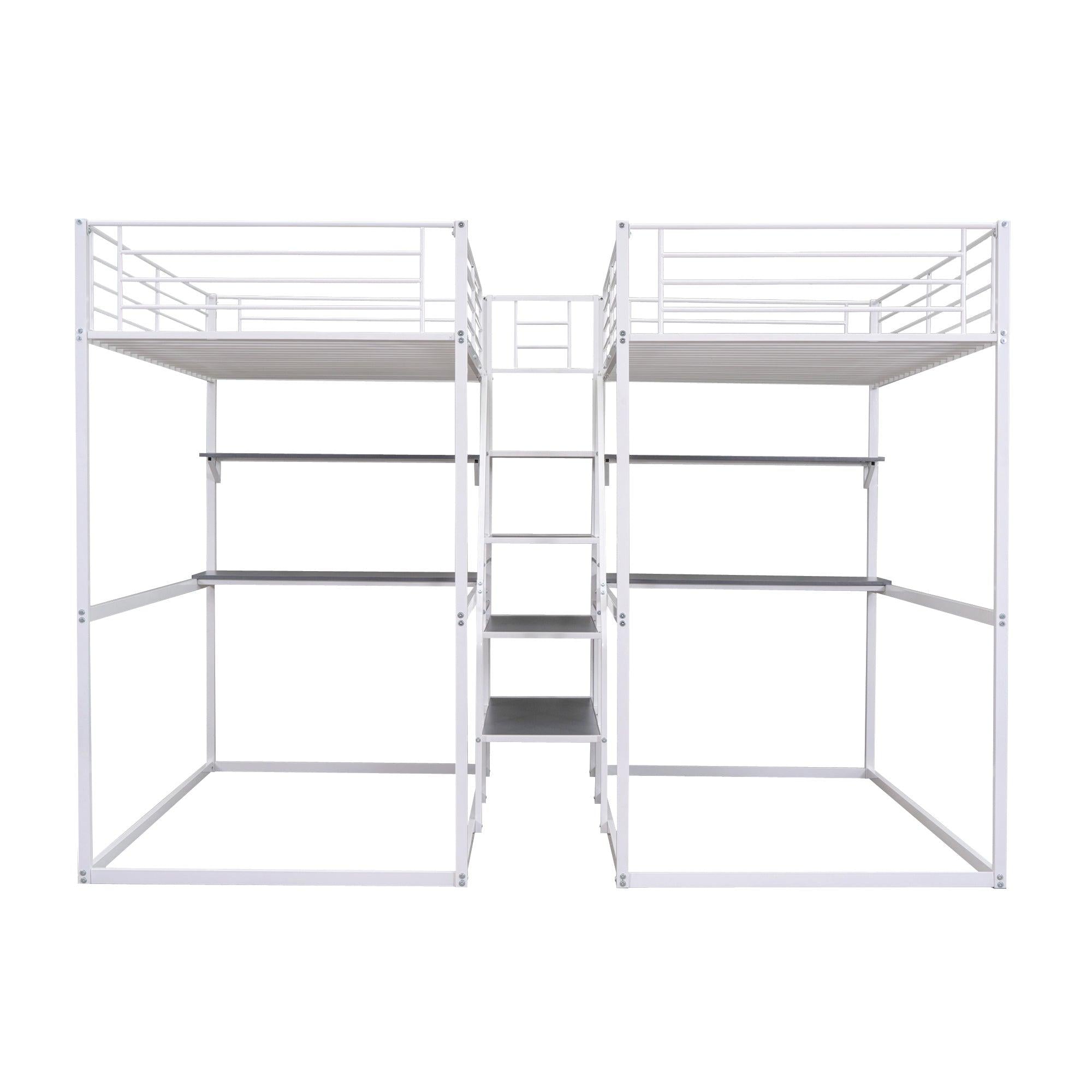 Double Twin over Twin Metal Bunk Bed with Desk Shelves andStorage Staircase - White