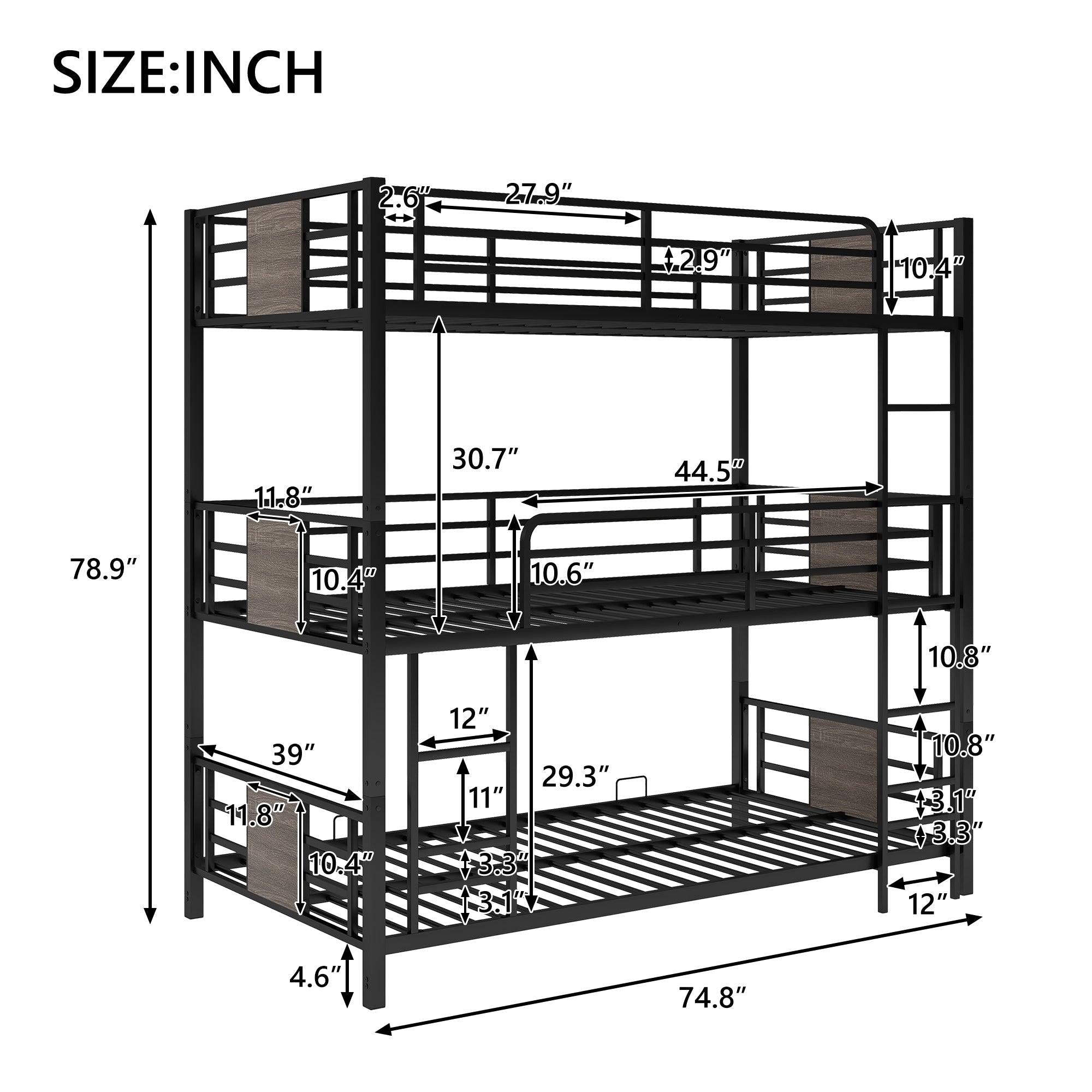 Twin Size Triple Metal Bunk Bed with Wood Decoration Headboard and Footboard - Gray