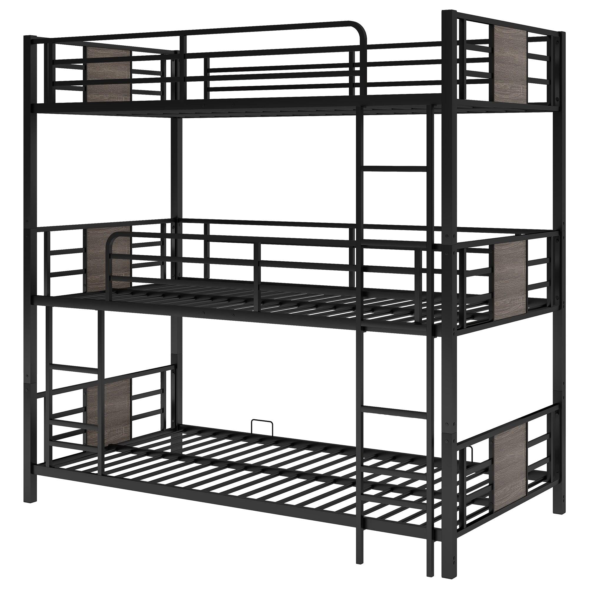 Twin Size Triple Metal Bunk Bed with Wood Decoration Headboard and Footboard - Gray