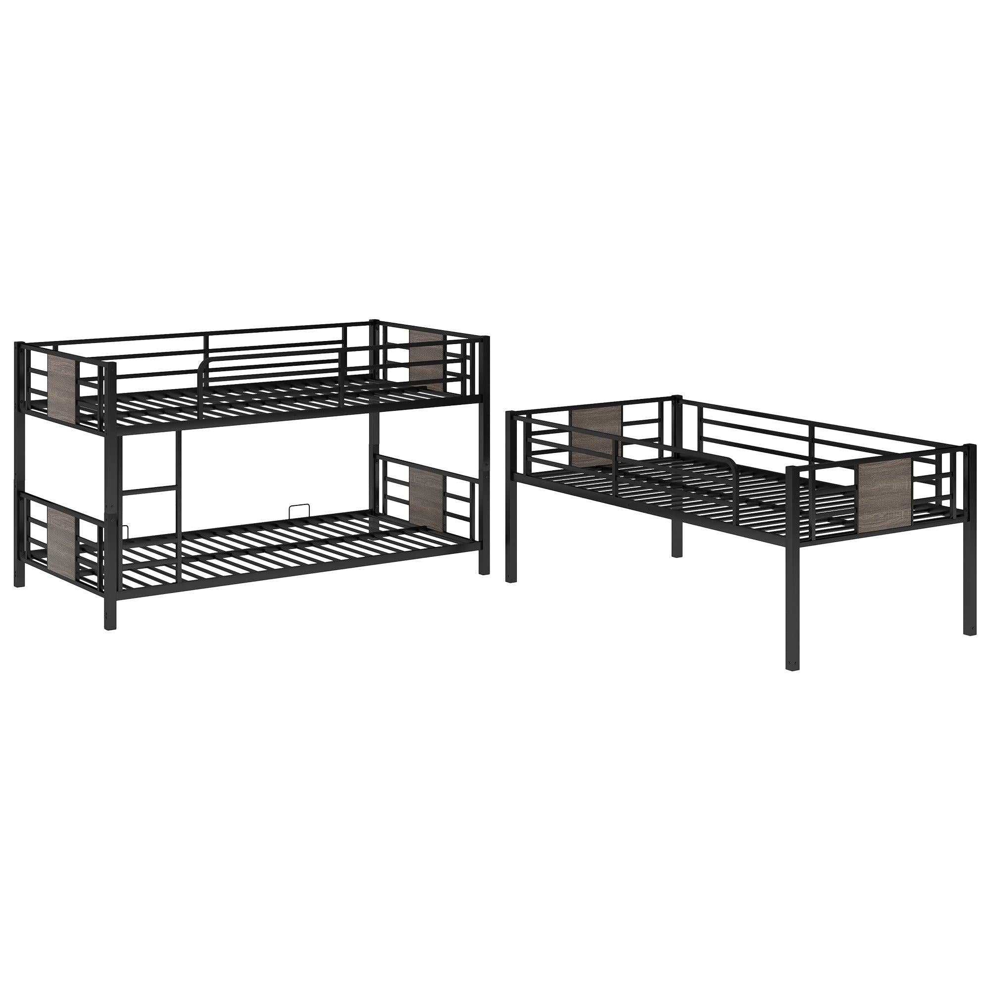 Twin Size Triple Metal Bunk Bed with Wood Decoration Headboard and Footboard - Gray