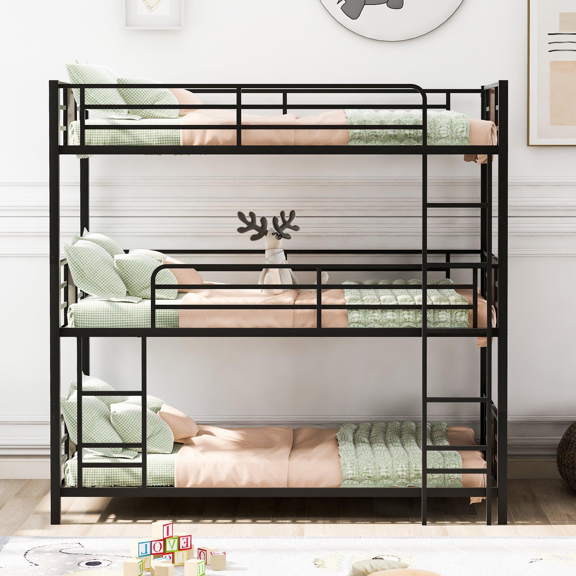 Twin Size Triple Metal Bunk Bed with Wood Decoration Headboard and Footboard - Gray