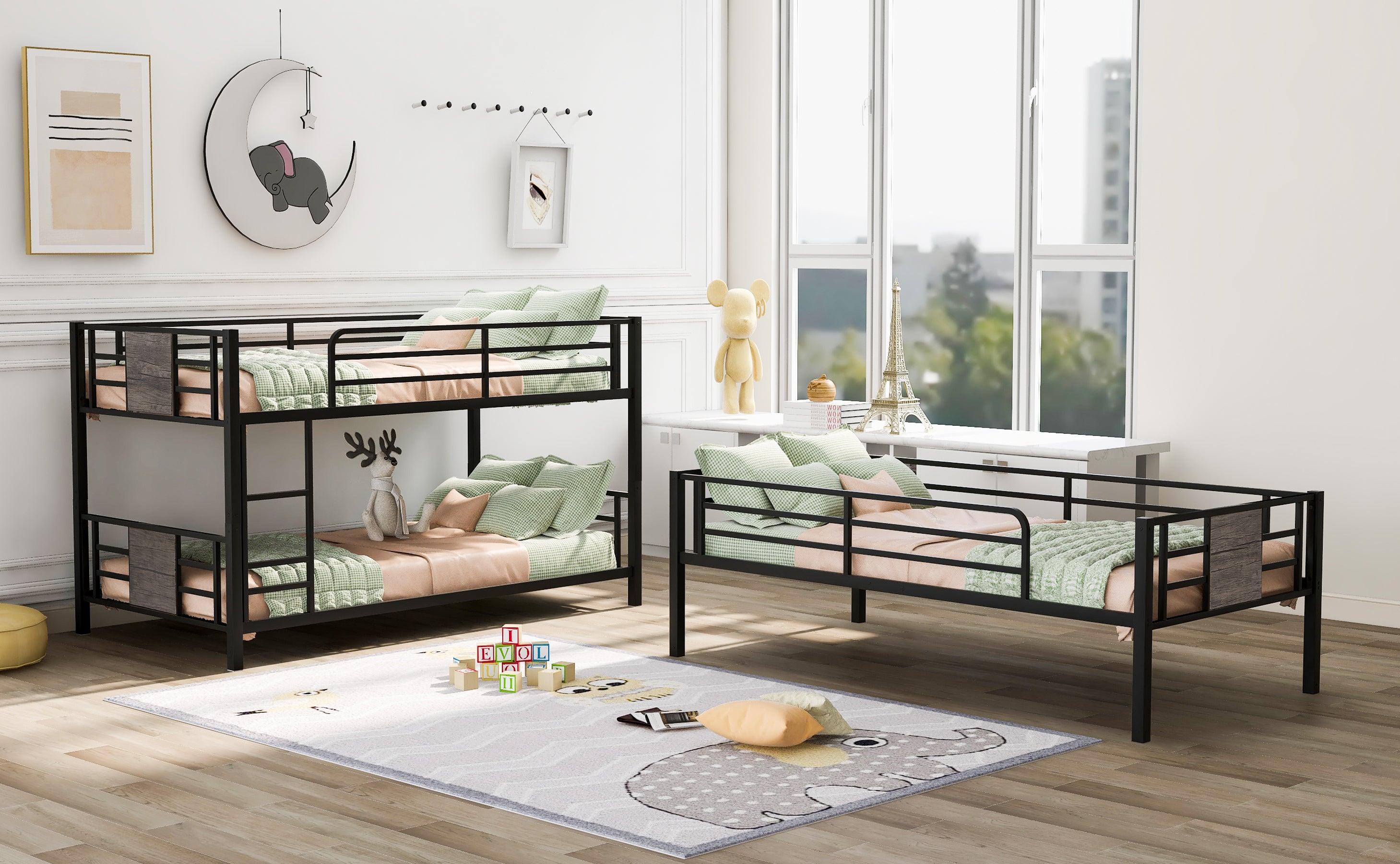 Twin Size Triple Metal Bunk Bed with Wood Decoration Headboard and Footboard - Gray