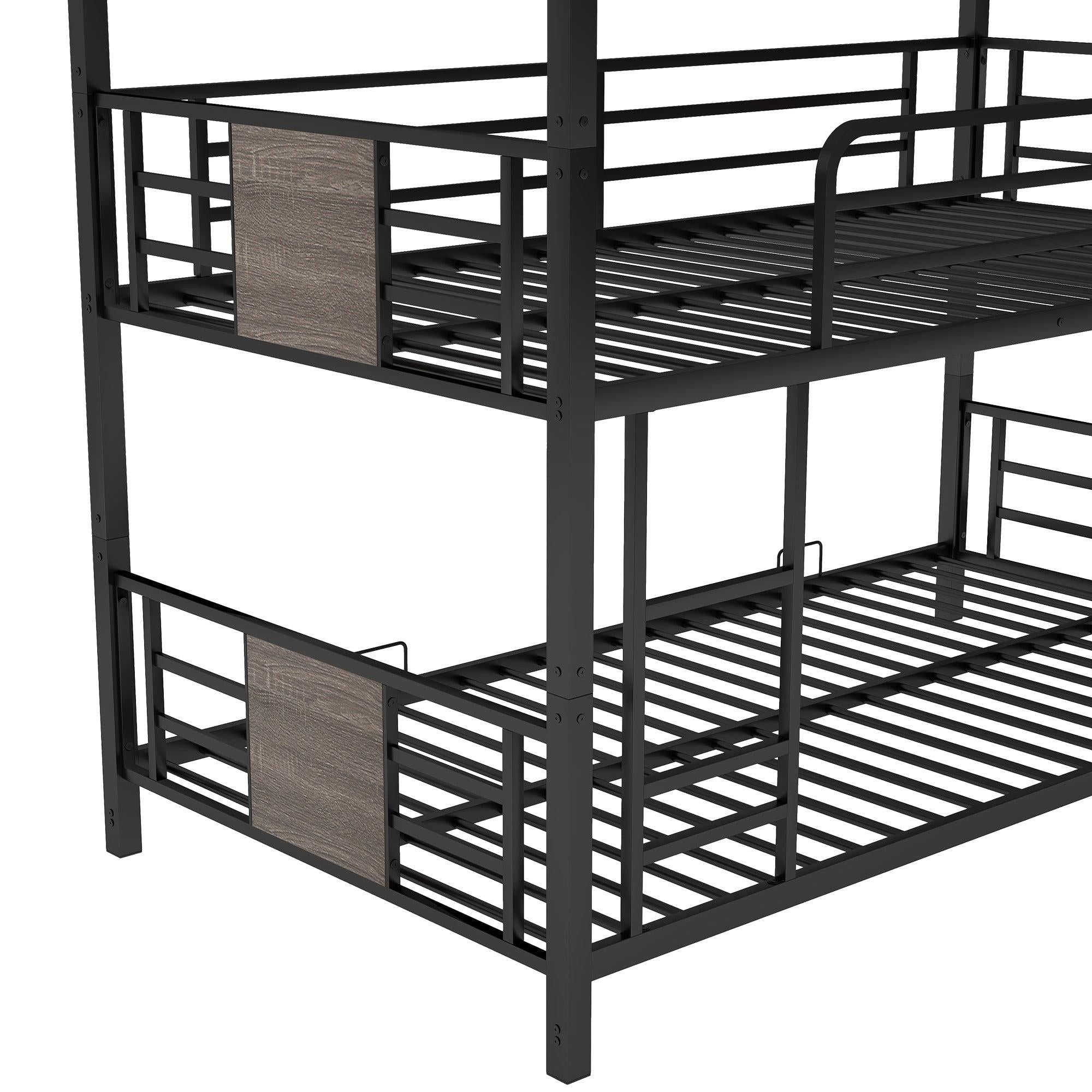 Twin Size Triple Metal Bunk Bed with Wood Decoration Headboard and Footboard - Gray