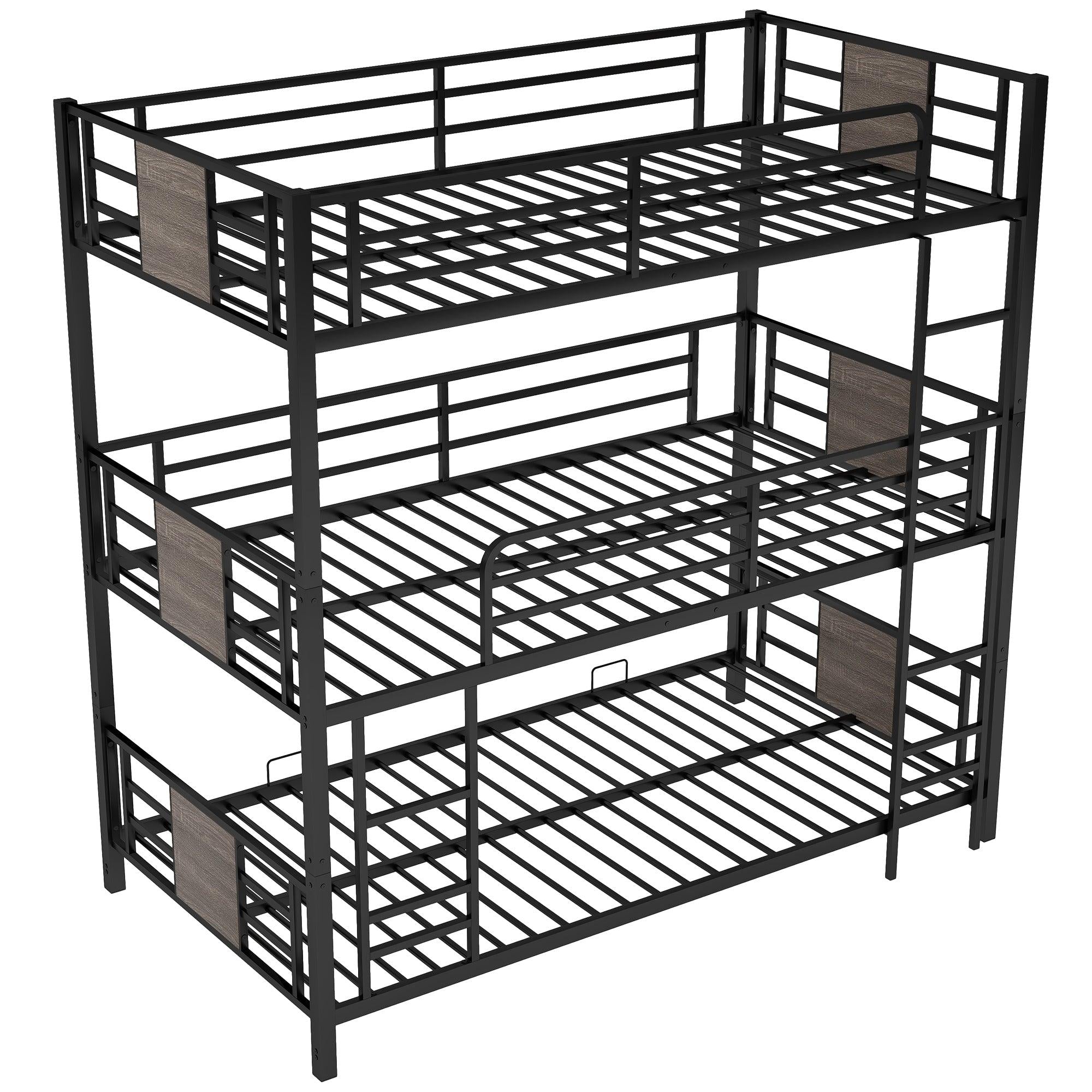 Twin Size Triple Metal Bunk Bed with Wood Decoration Headboard and Footboard - Gray