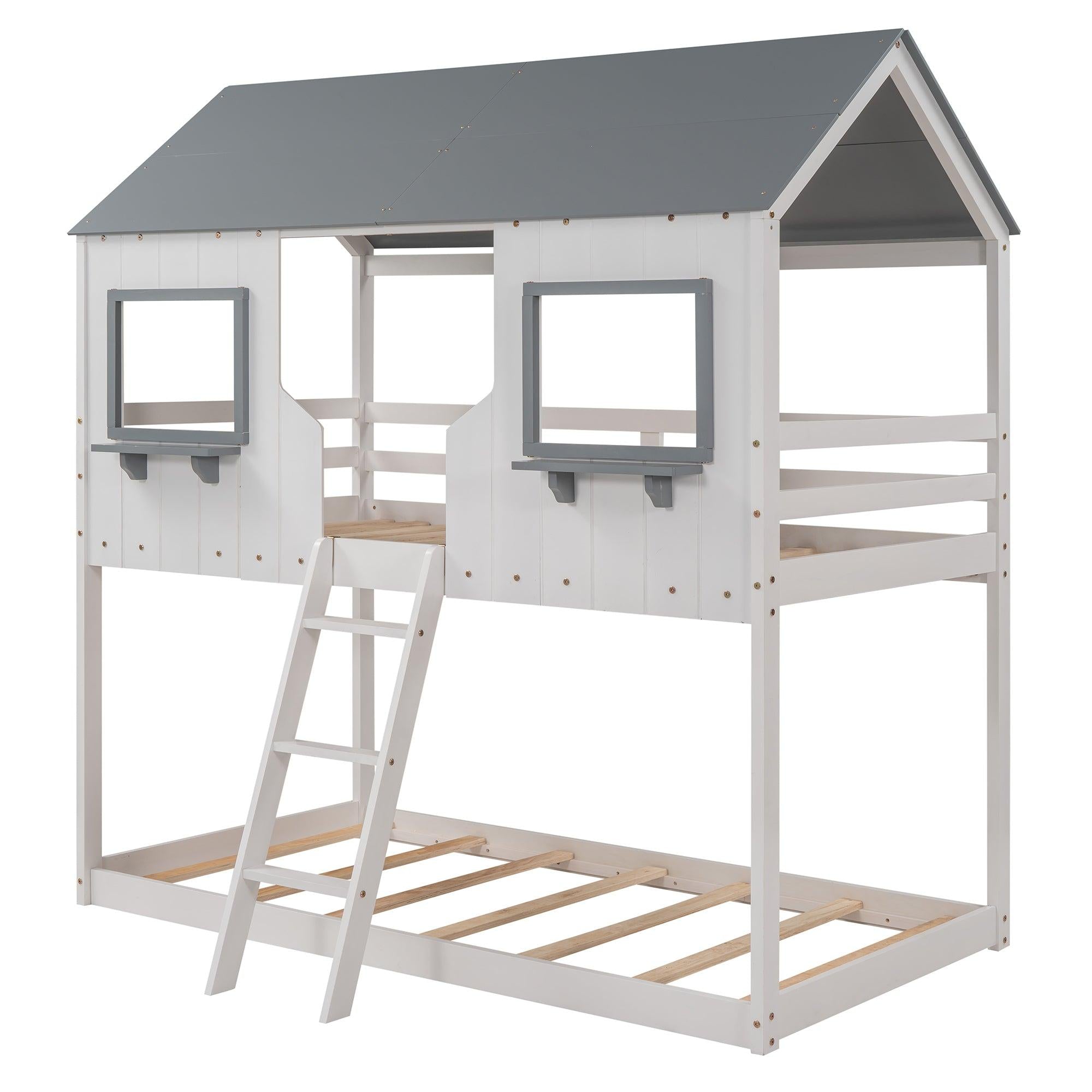 Twin over Twin House Shaped Bunk Bed with Roof Window Guardrail Ladder - White