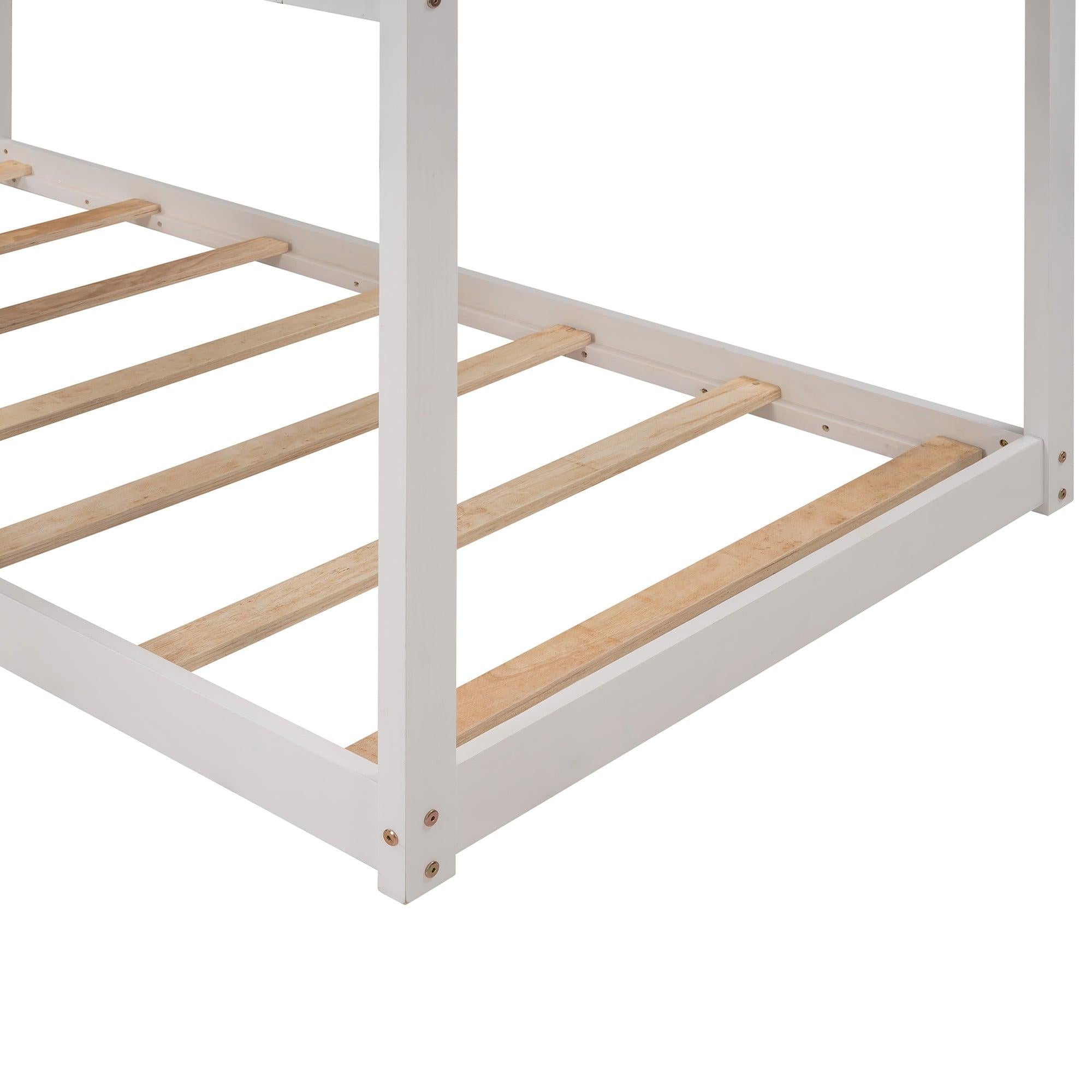 Twin over Twin House Shaped Bunk Bed with Roof Window Guardrail Ladder - White