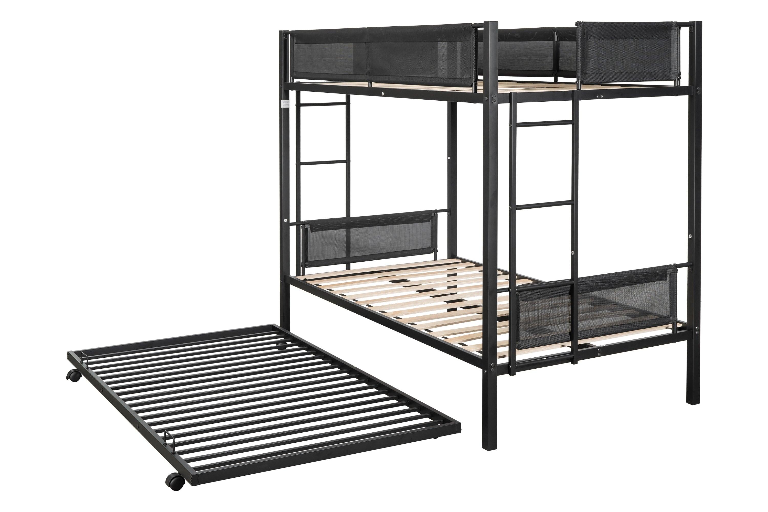 Twin over Twin Metal Bunk Bed With Twin Size Trundle Bed - Black