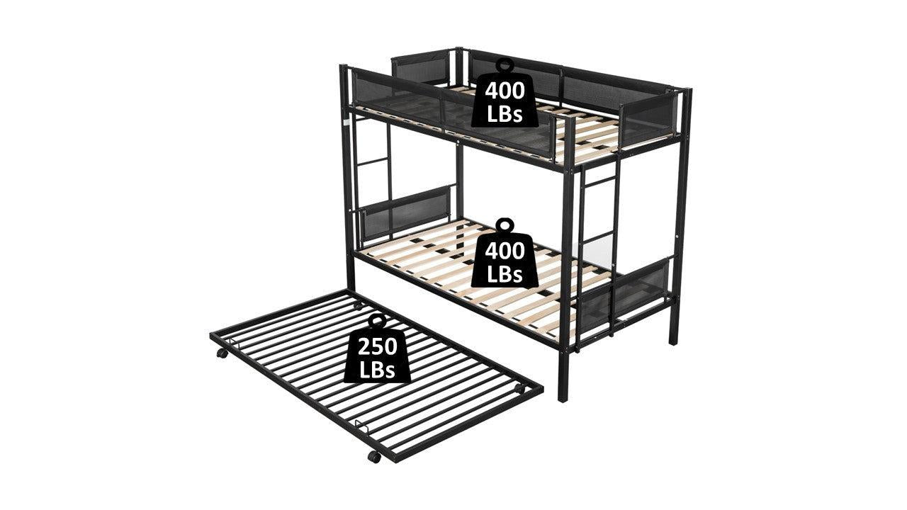 Twin over Twin Metal Bunk Bed With Twin Size Trundle Bed - Black