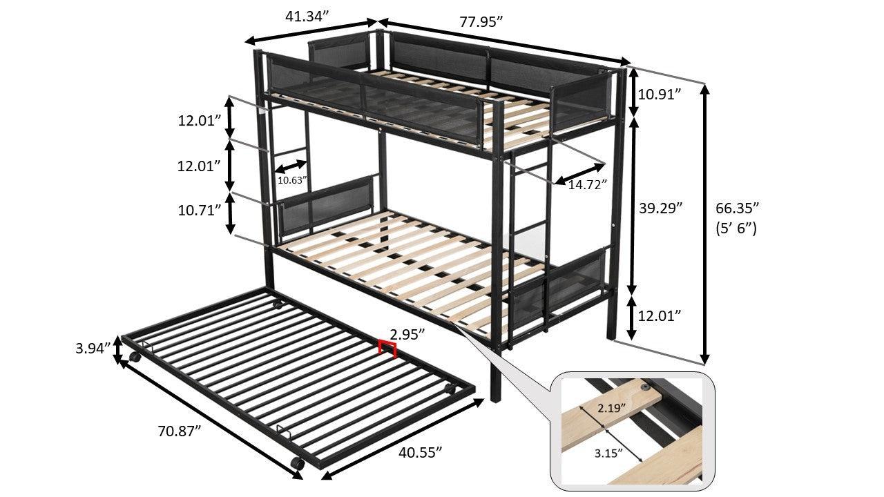 Twin over Twin Metal Bunk Bed With Twin Size Trundle Bed - Black