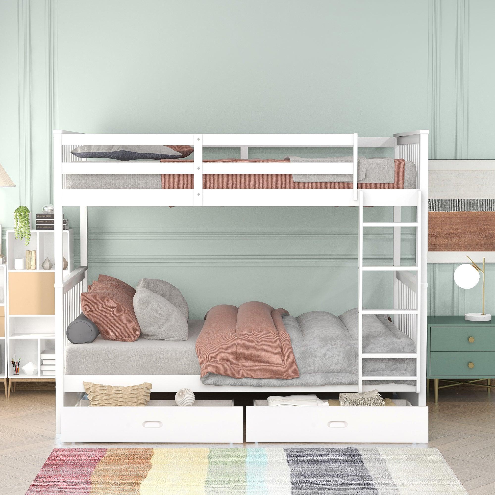 Twin over Twin Bunk Bed with Ladders and TwoStorage Drawers - White