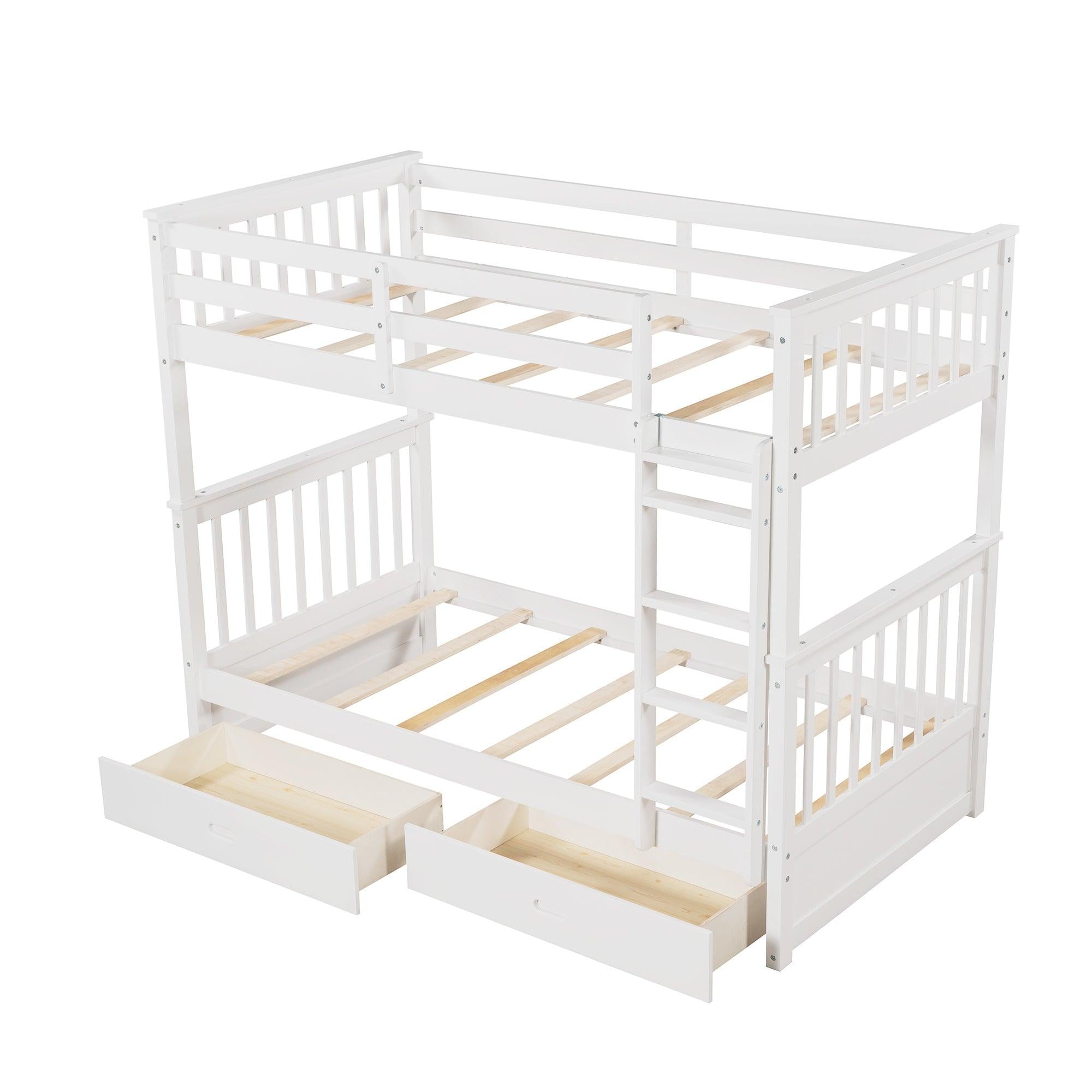 Twin over Twin Bunk Bed with Ladders and TwoStorage Drawers - White