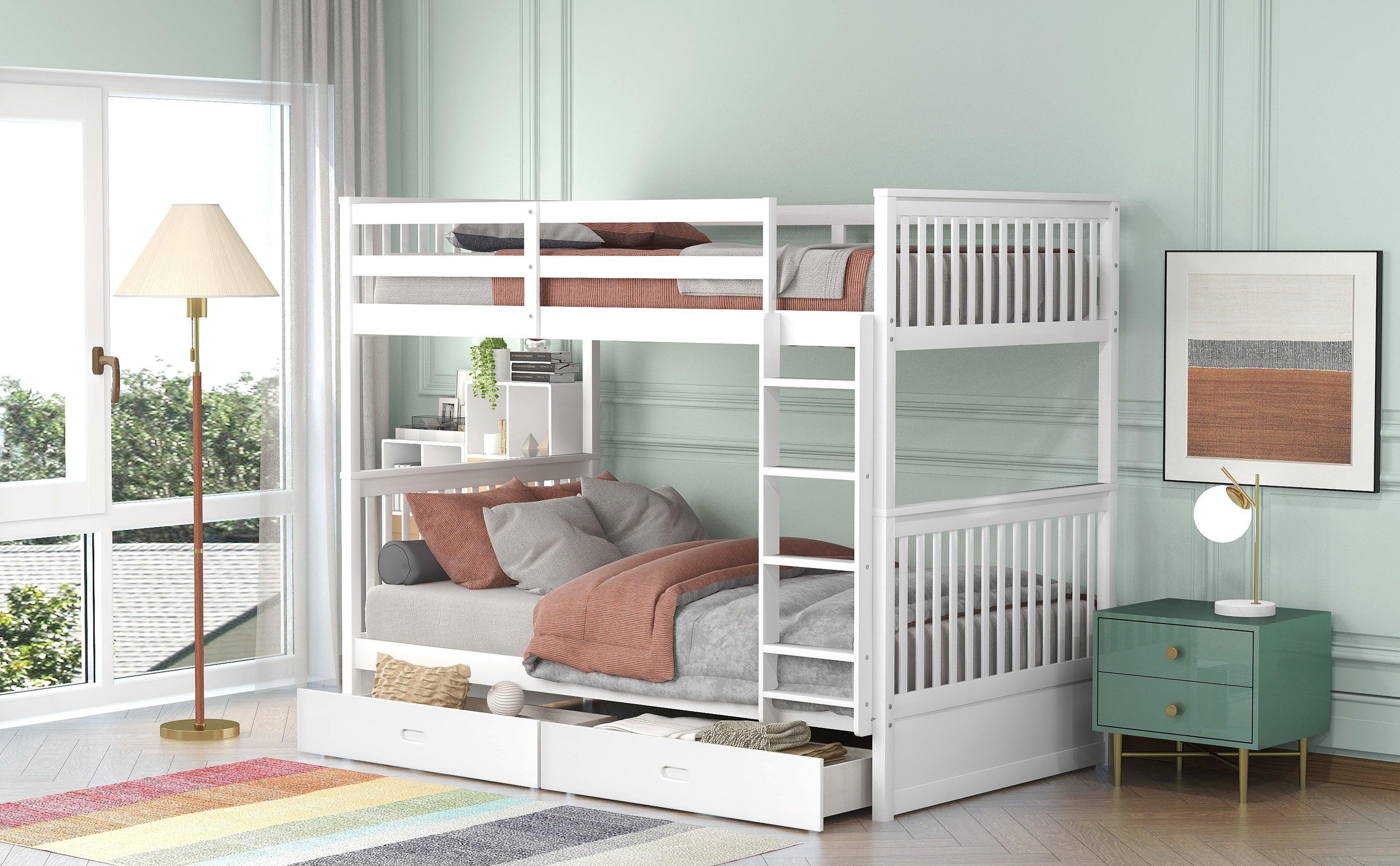 Twin over Twin Bunk Bed with Ladders and TwoStorage Drawers - White