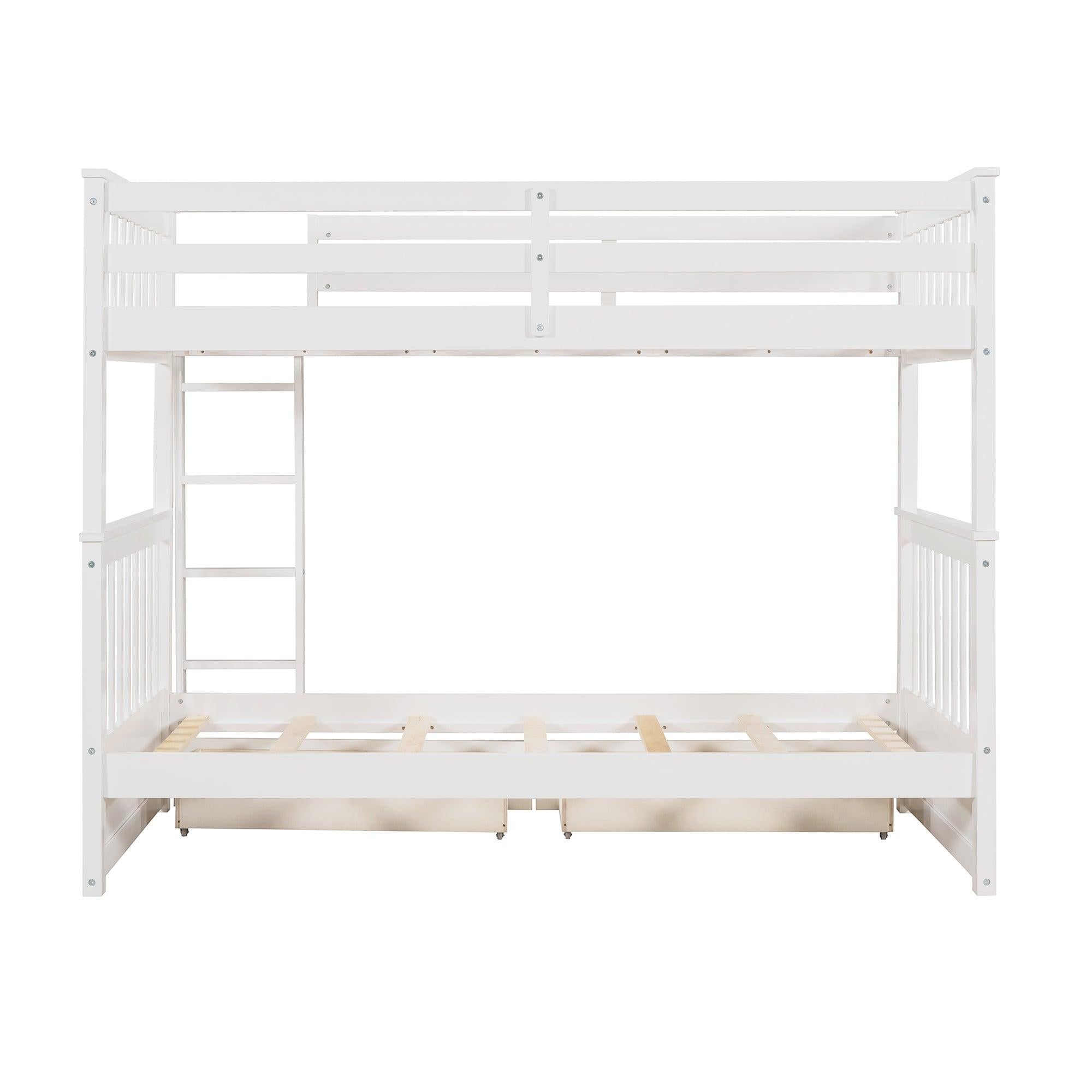 Twin over Twin Bunk Bed with Ladders and TwoStorage Drawers - White