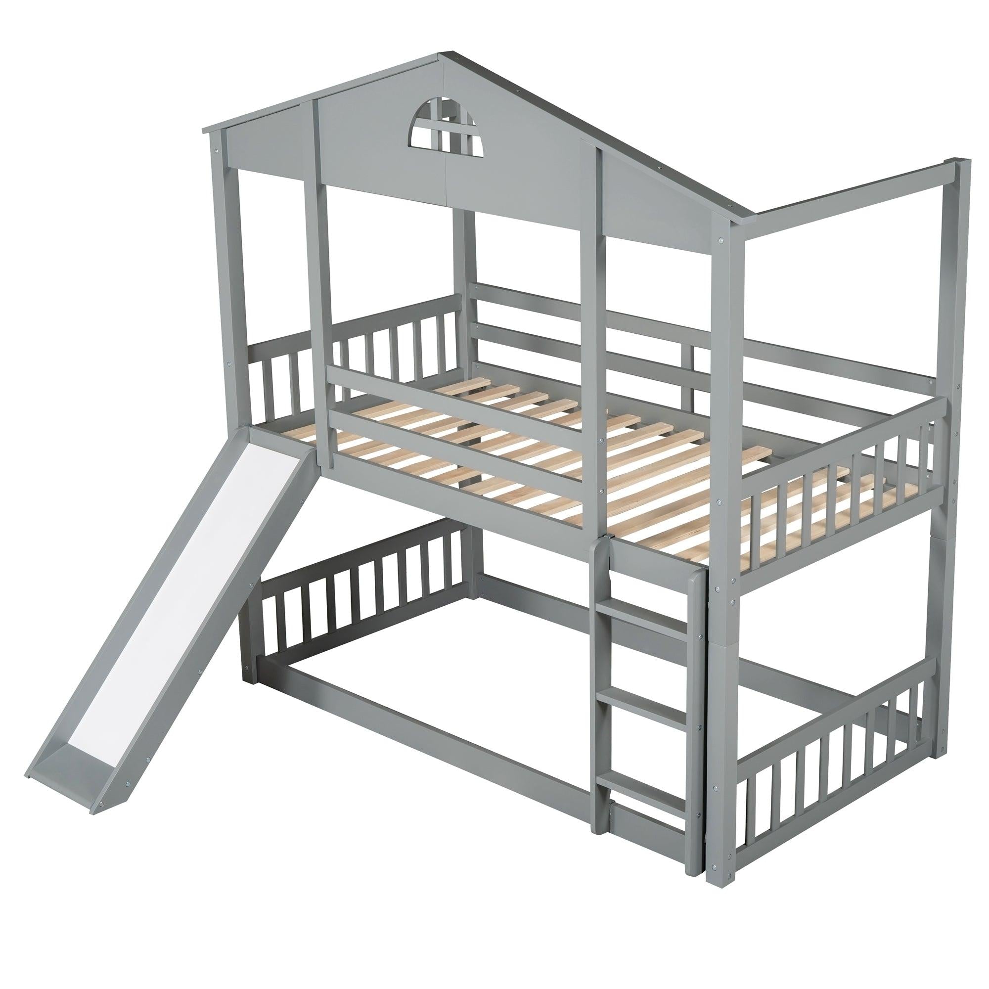 Twin over Twin Convertible House Shaped Bunk Bed with Slide and Ladder - Gray