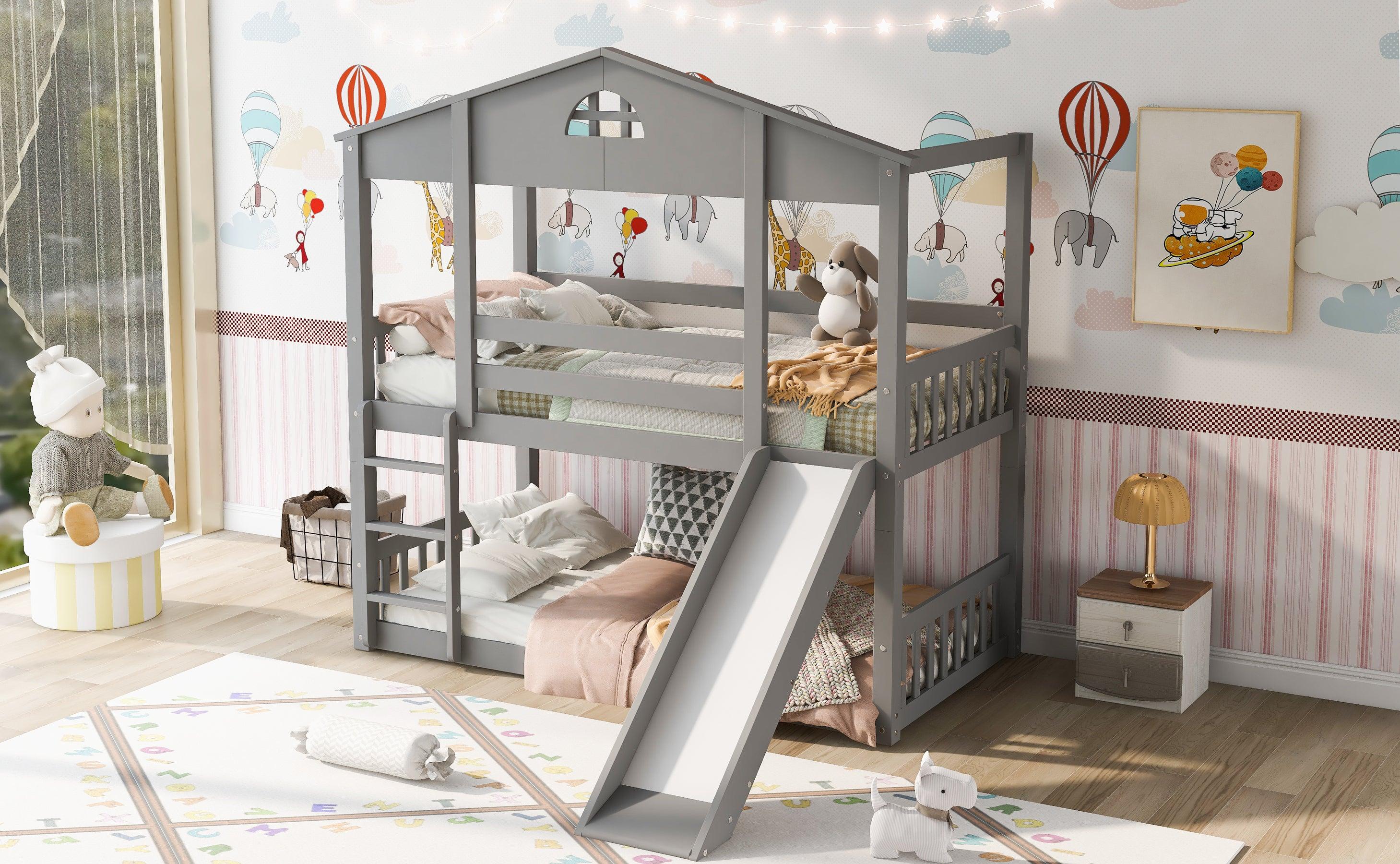 Twin over Twin Convertible House Shaped Bunk Bed with Slide and Ladder - Gray