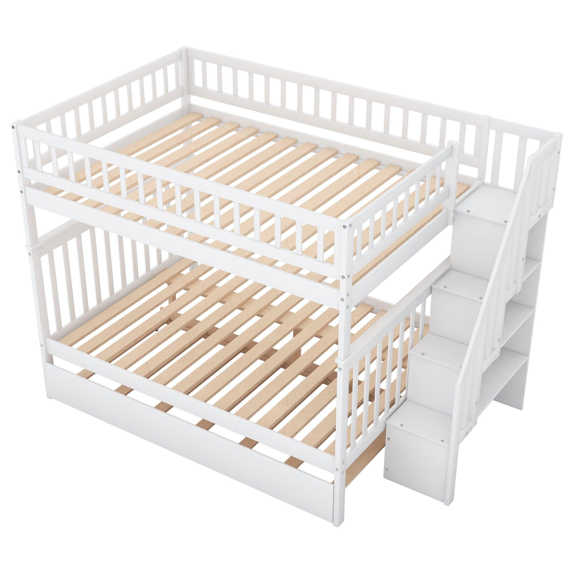 Full over Full Bunk Bed with Twin Size Trundle andStorage Staircase - White