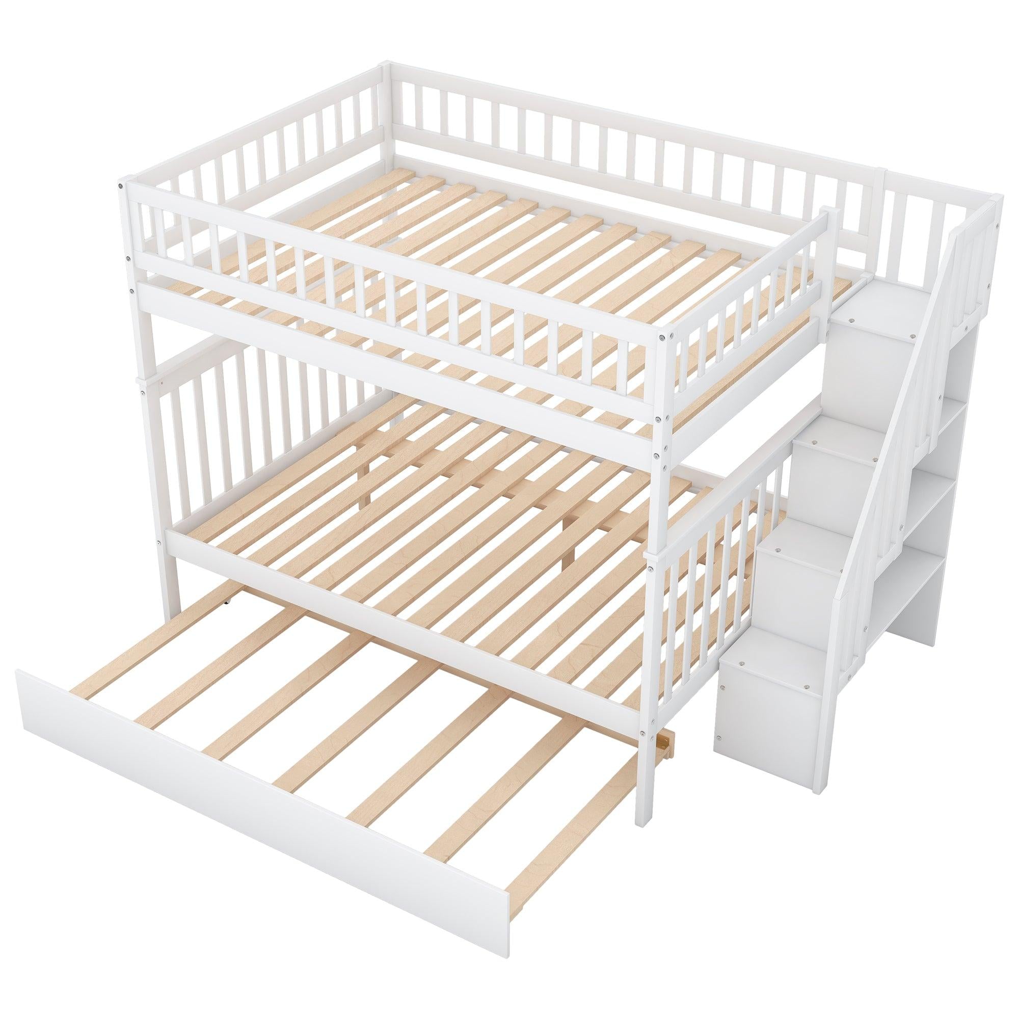 Full over Full Bunk Bed with Twin Size Trundle andStorage Staircase - White